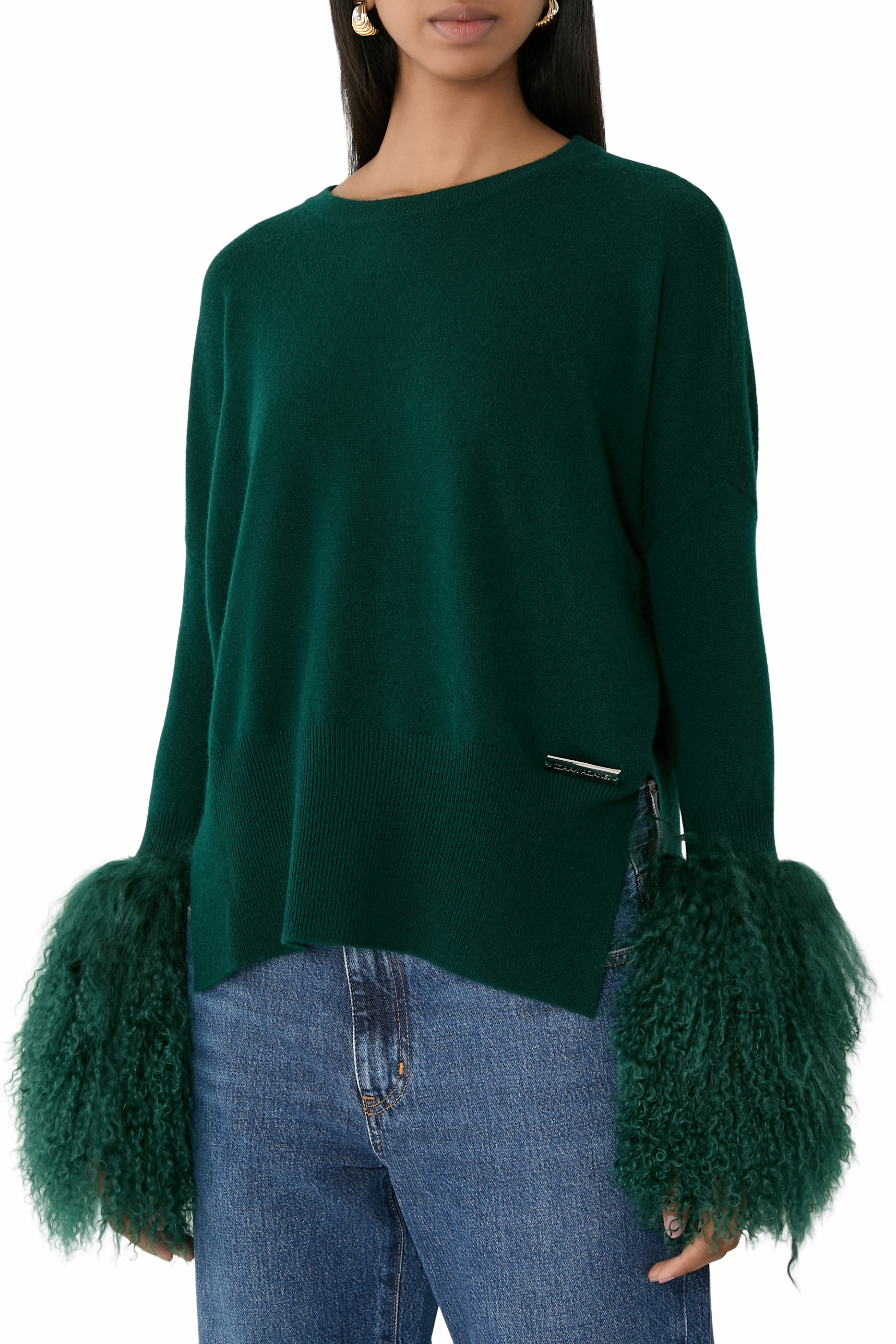  Round Neck Sweater with Shearling Cuffs