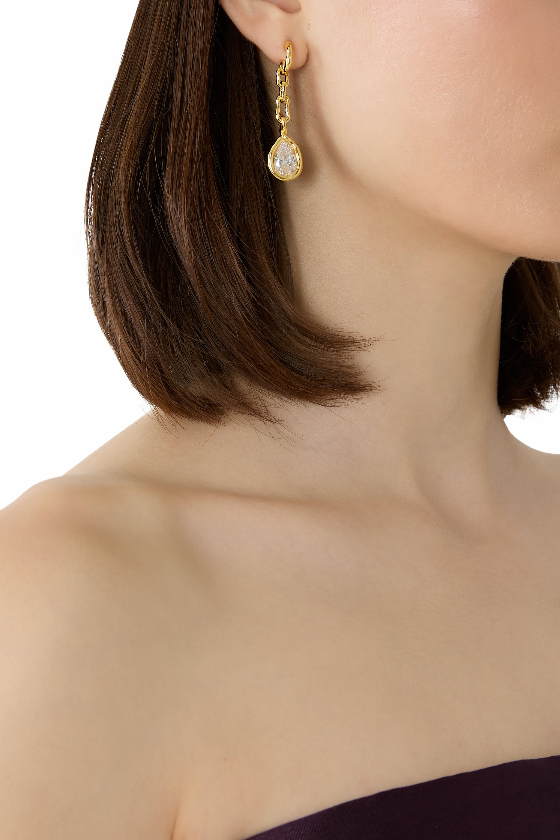 Asterales Link Pear Drop Earrings, 14k Gold Plated Brass & Cubic Zirconia