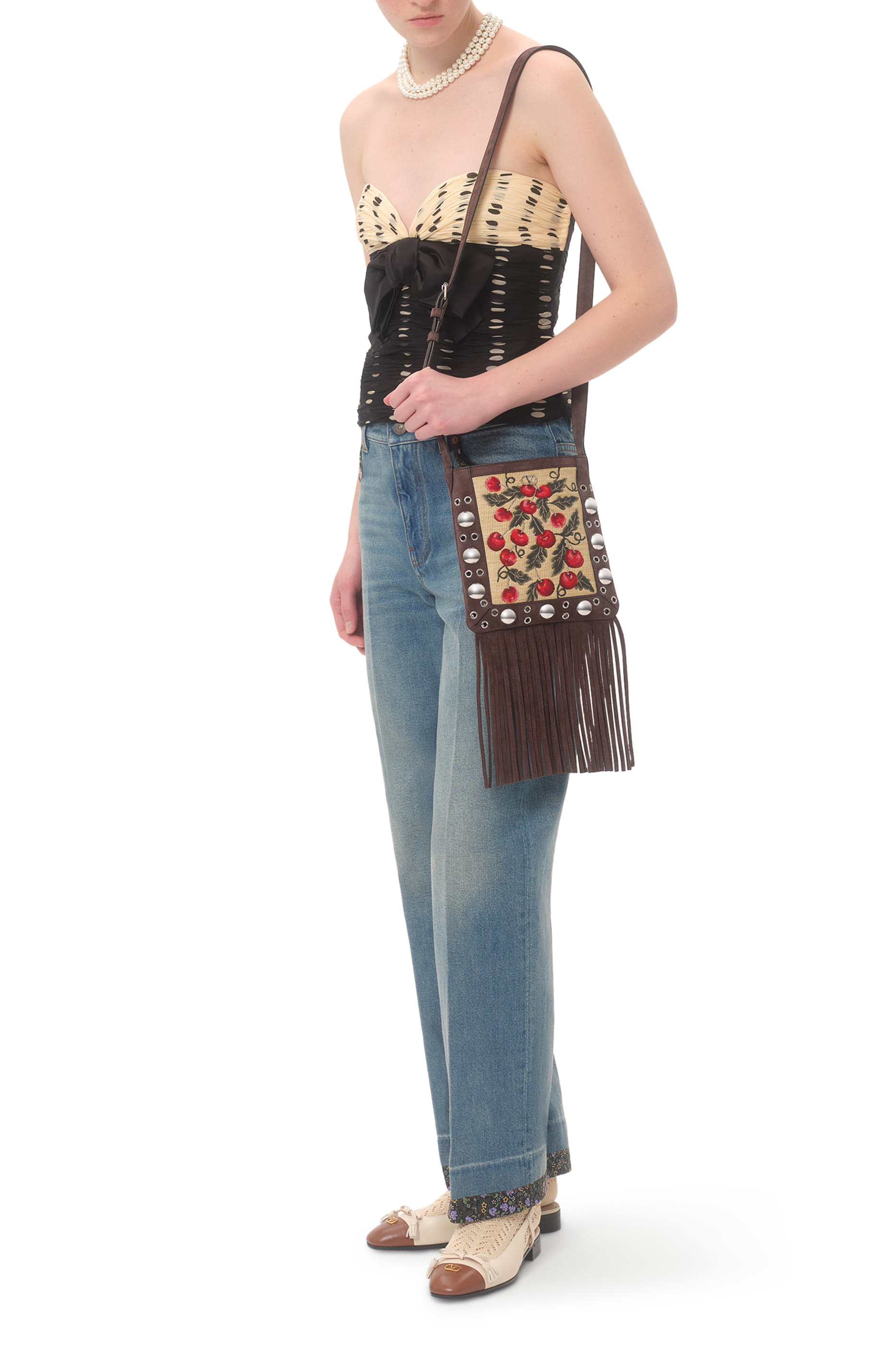 Nellc&ocirc;te Small Shoulder Bag in Jacquard Synthetic Raffia with Cherryfic Pattern