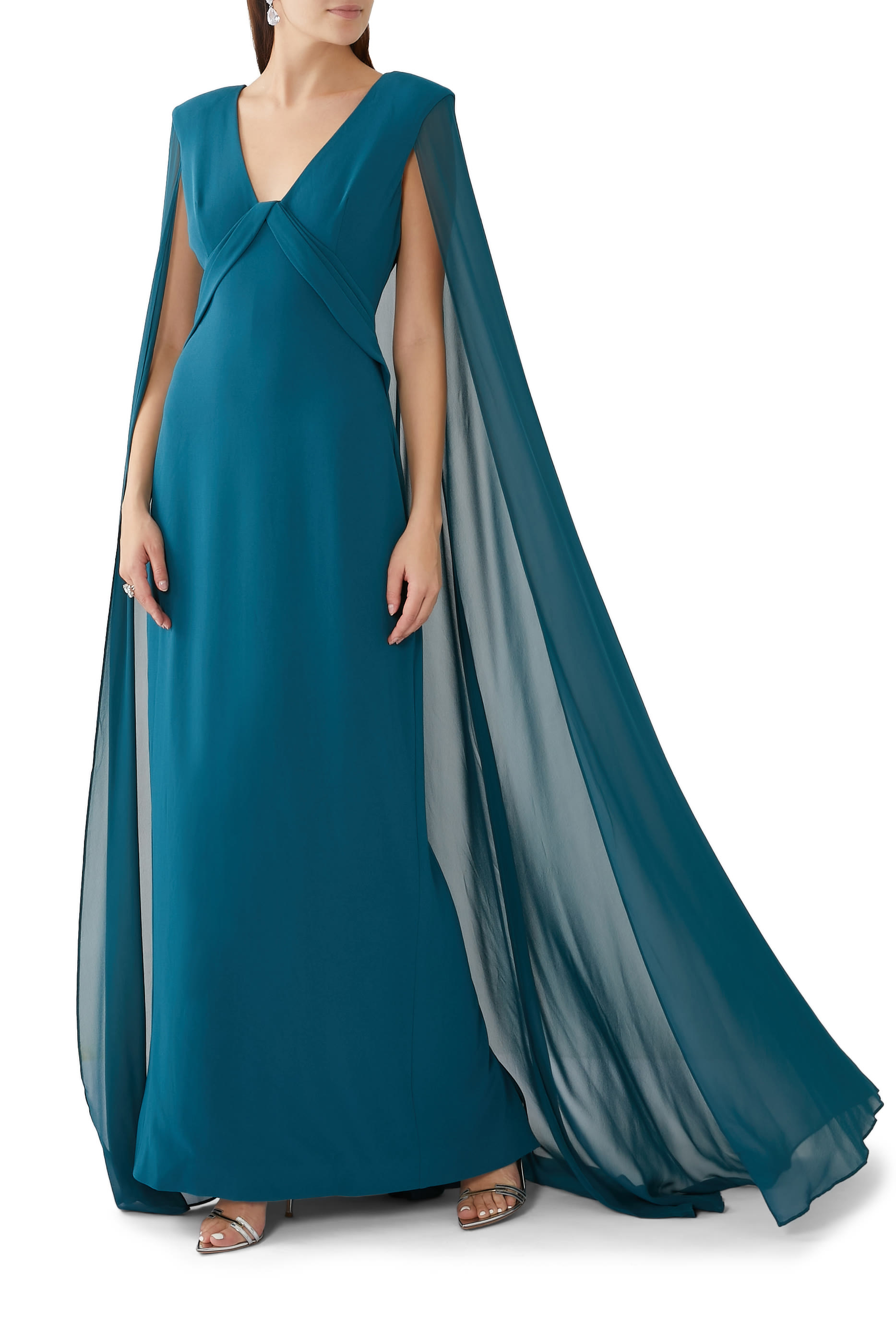Cape Sleeve Satin Crepe Gown 