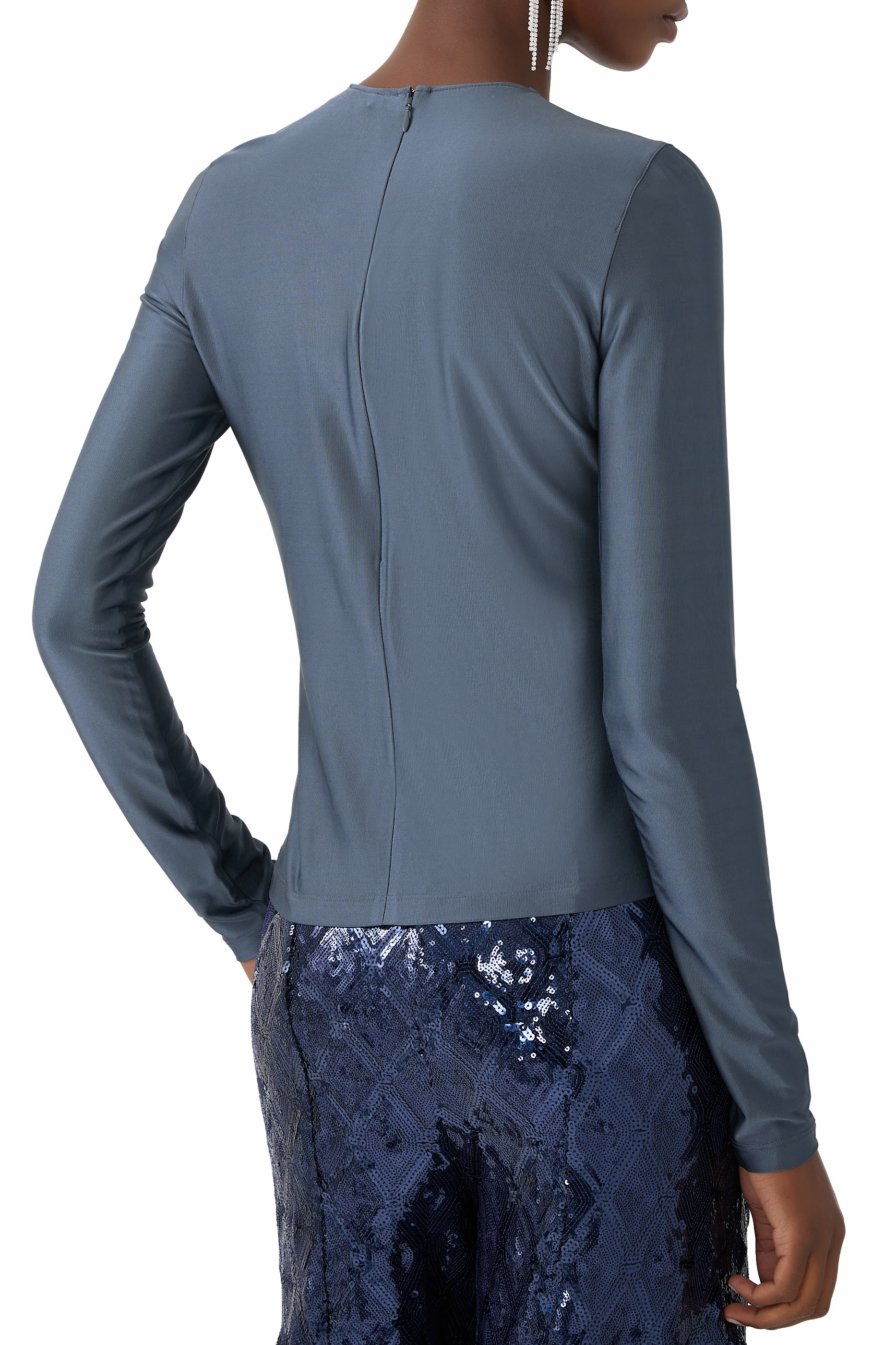 Twist-Front Long Sleeves Crystal Jersey Top