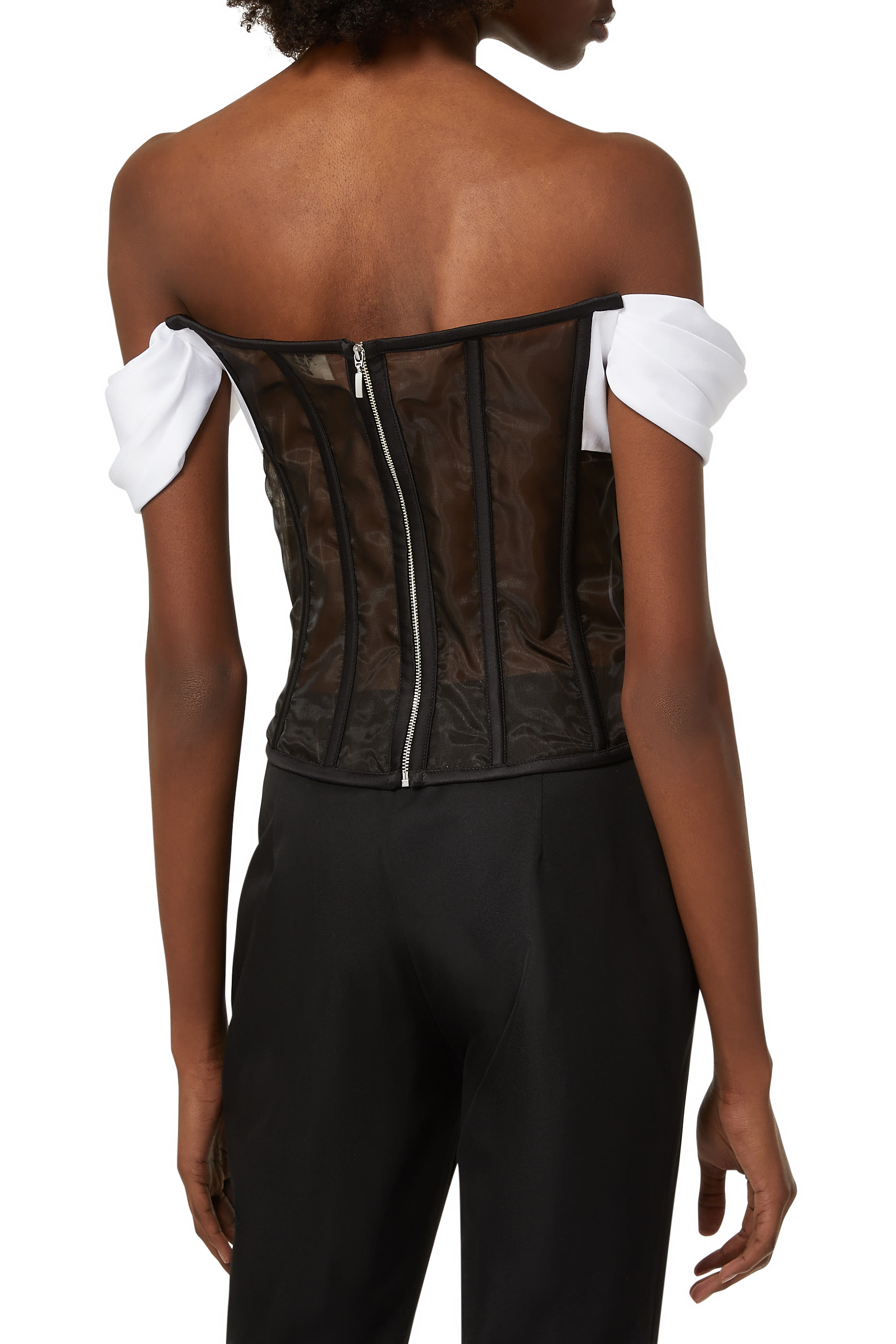 Cold-Shoulder Satin And Tulle Corset Top