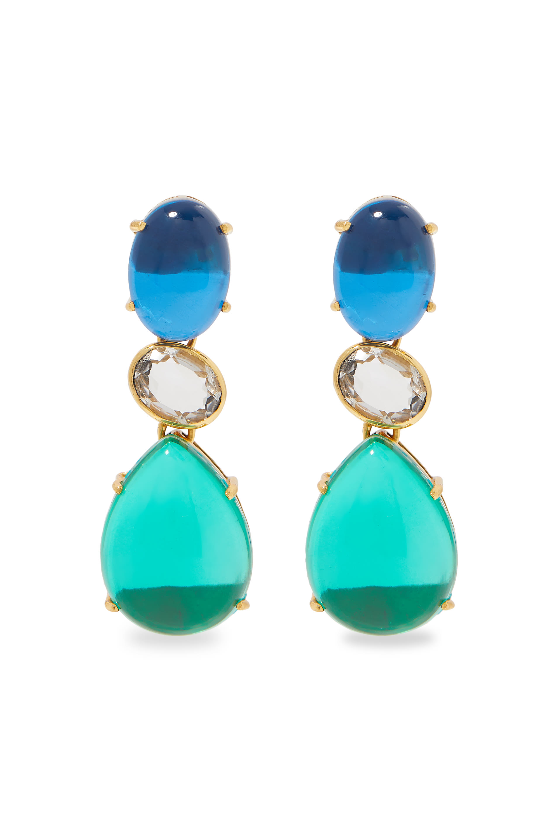 Dawn Earrings, 22k Gold Plated Brass with Blue Sapphire,Green Emerald & Clear Quartz Stones