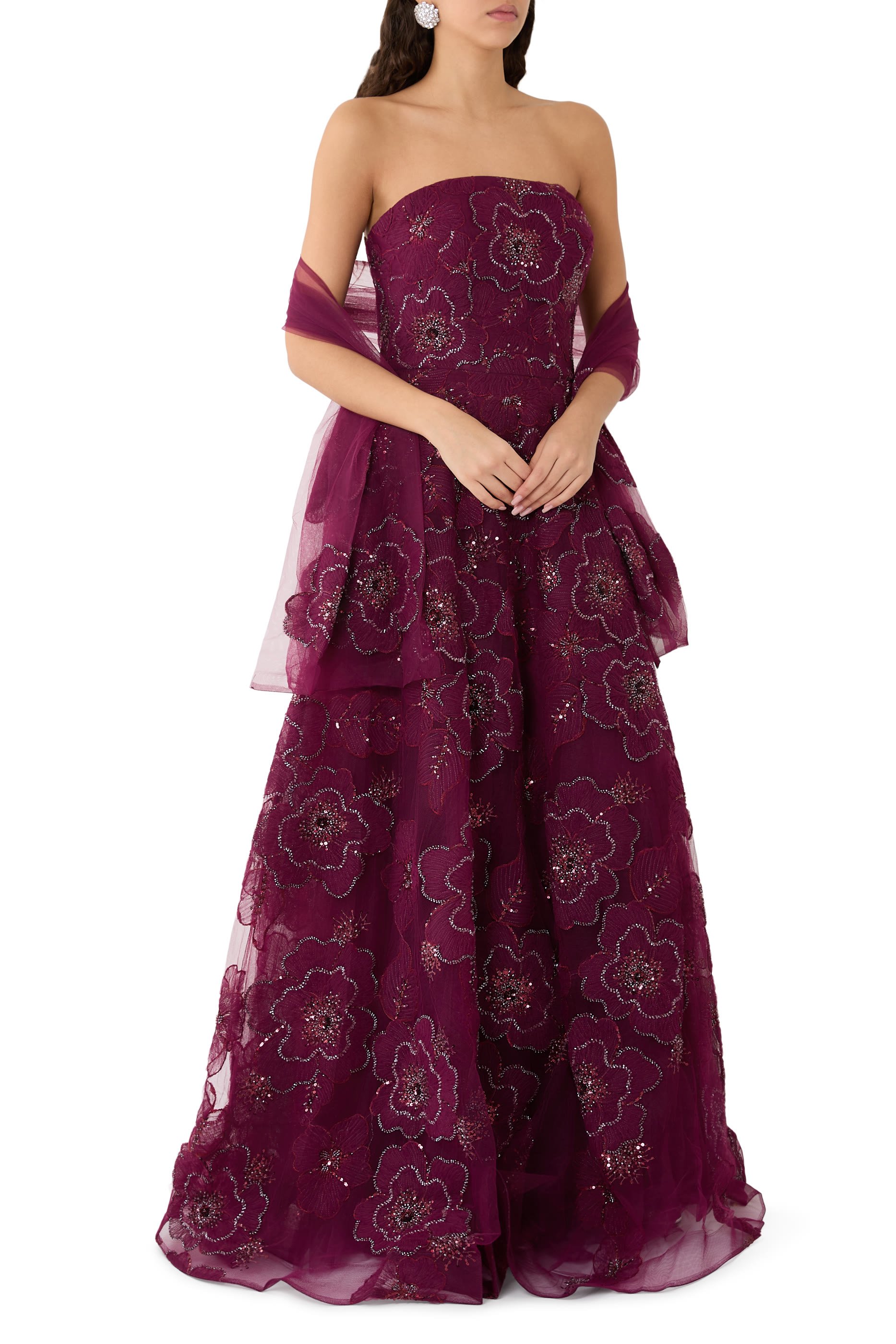 Strapless Ball Gown with Beaded Floral Appliqués 