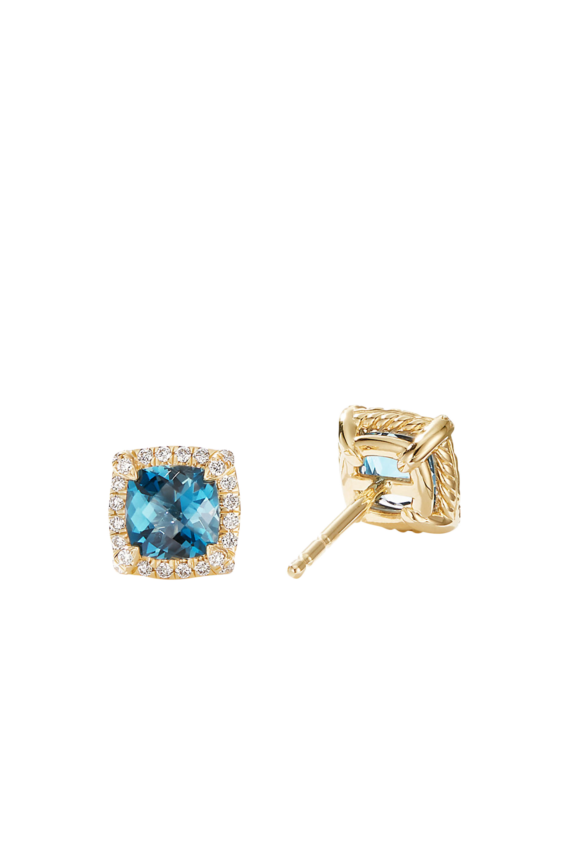 Petite Chatelaine Stud Earrings, 18k Yellow Gold with Blue Topaz & Diamonds