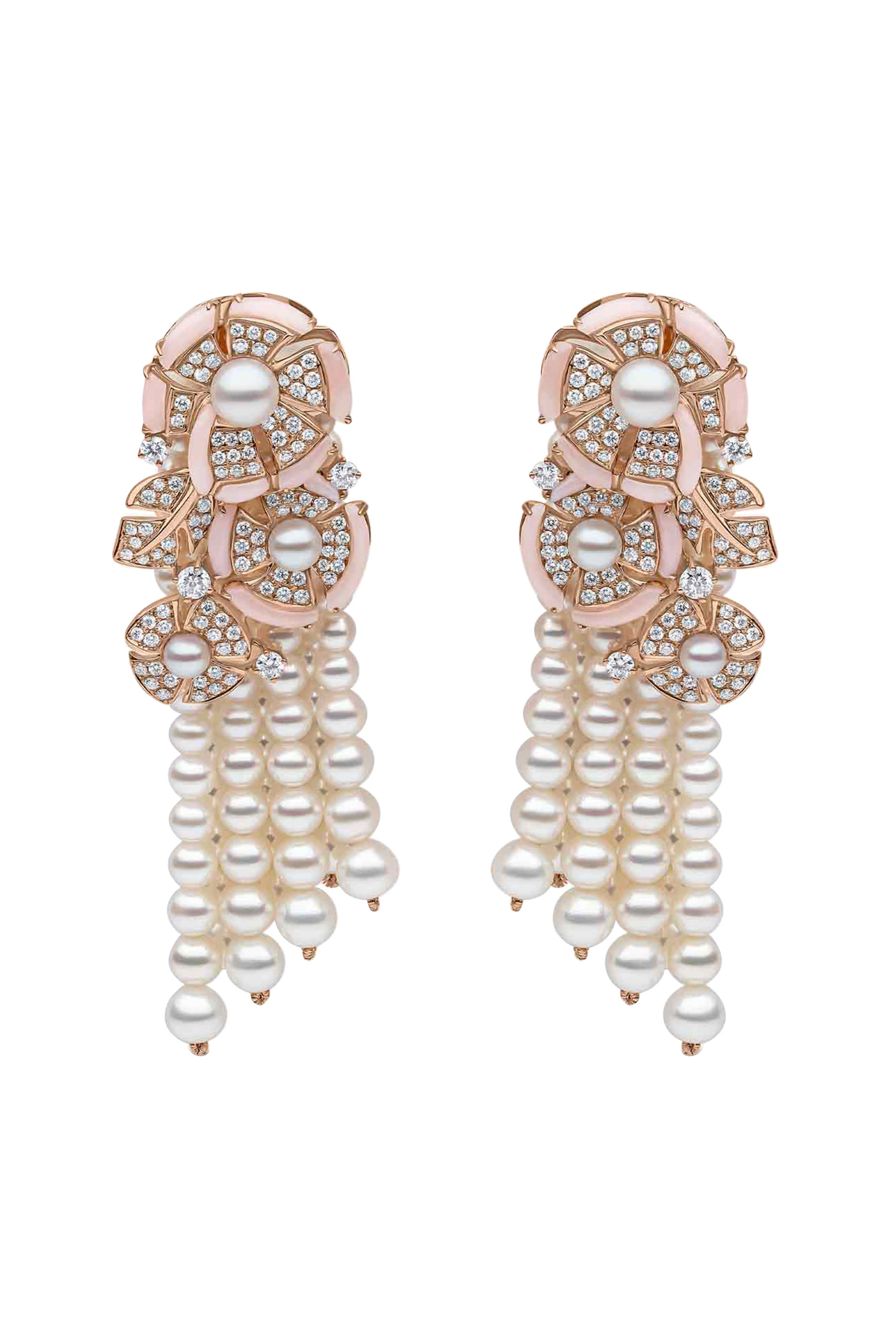 Cleopatra Statement Earrings, 18K Rose Gold with Freshwater Pearls, Pink Opal & Diamonds
