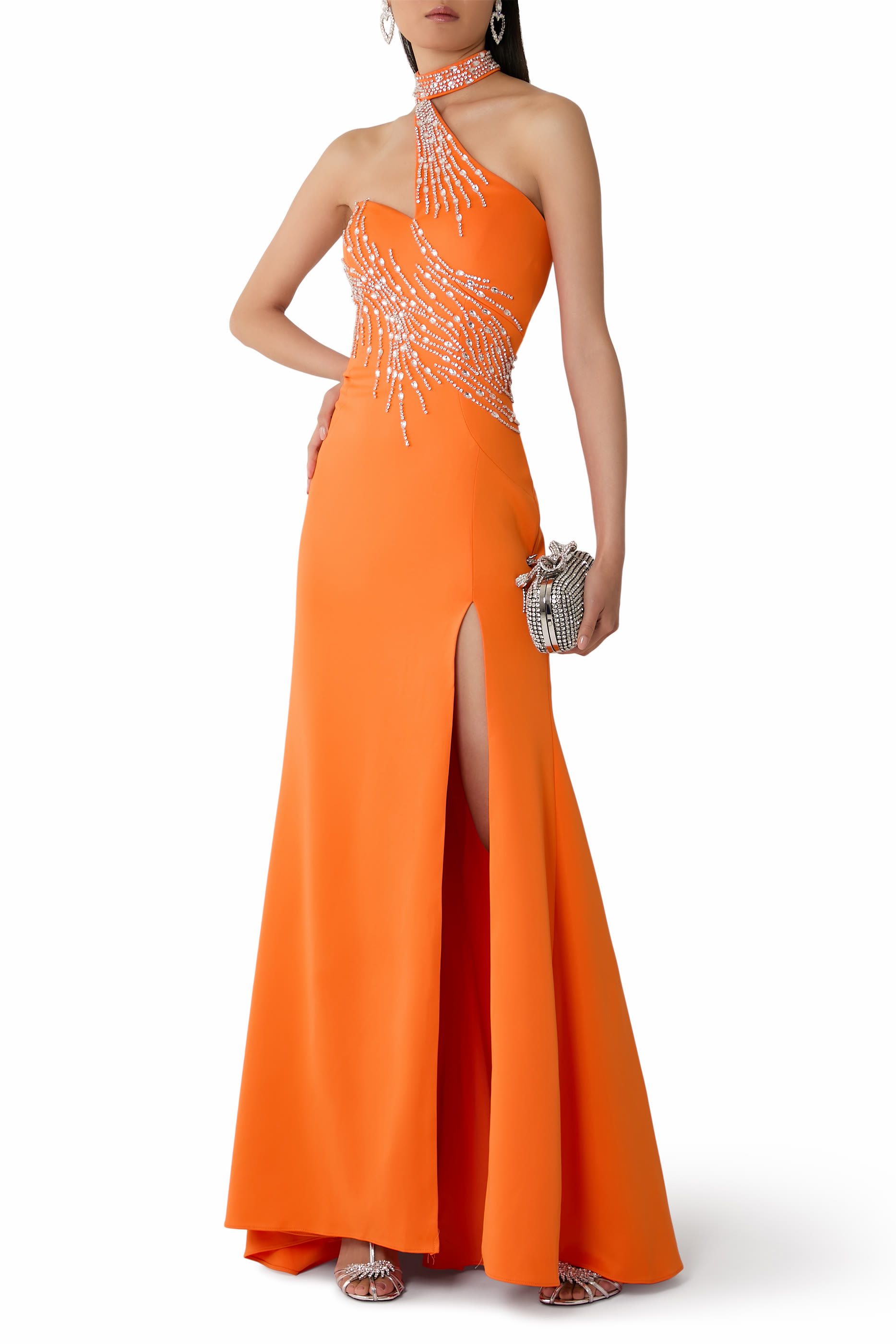 One-Shoulder Beaded Neckline Gown	 