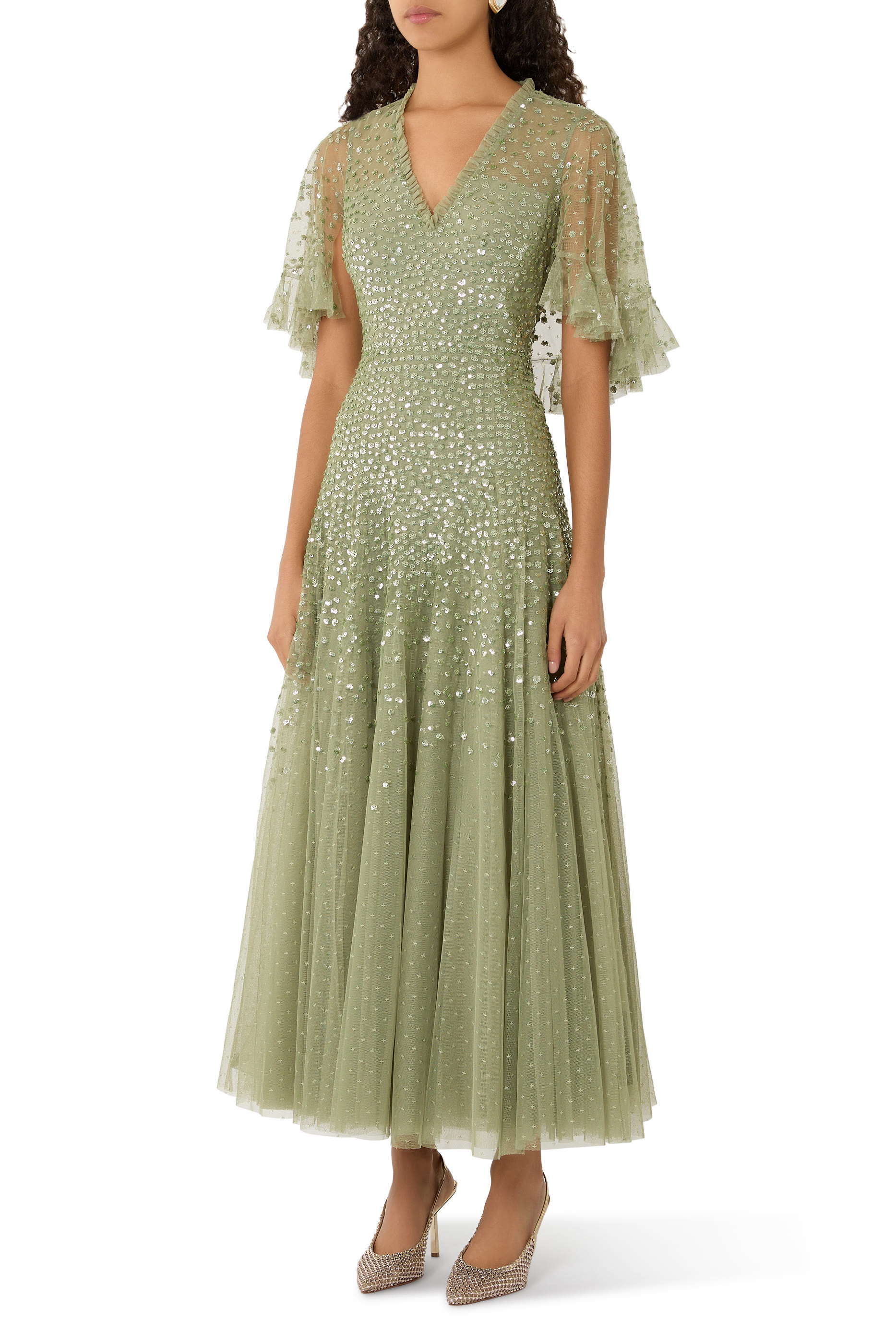 Dappled Sequin Cape Ankle Gown