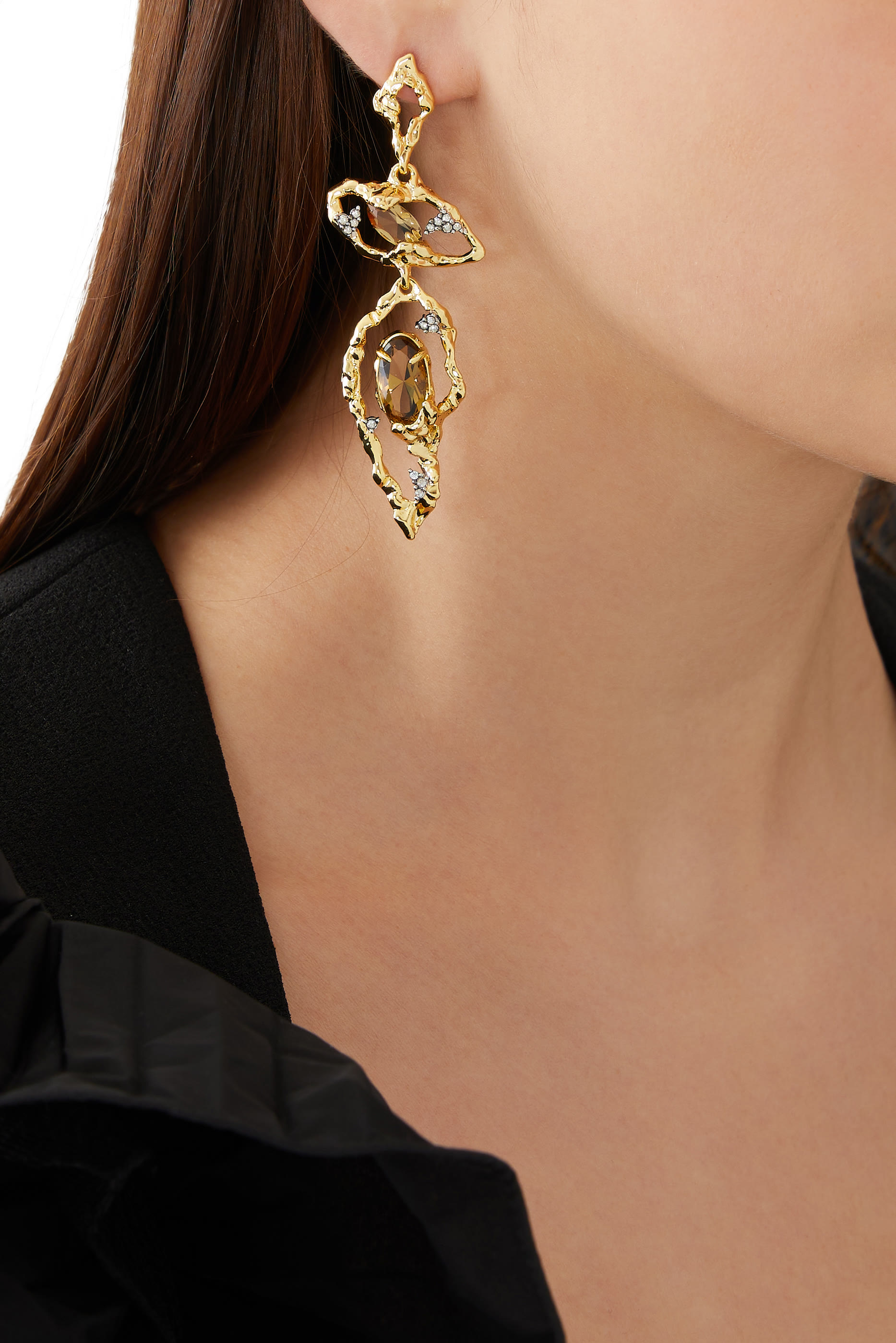 14K Gold Smoky Topaz Brut Desert Long Earrings