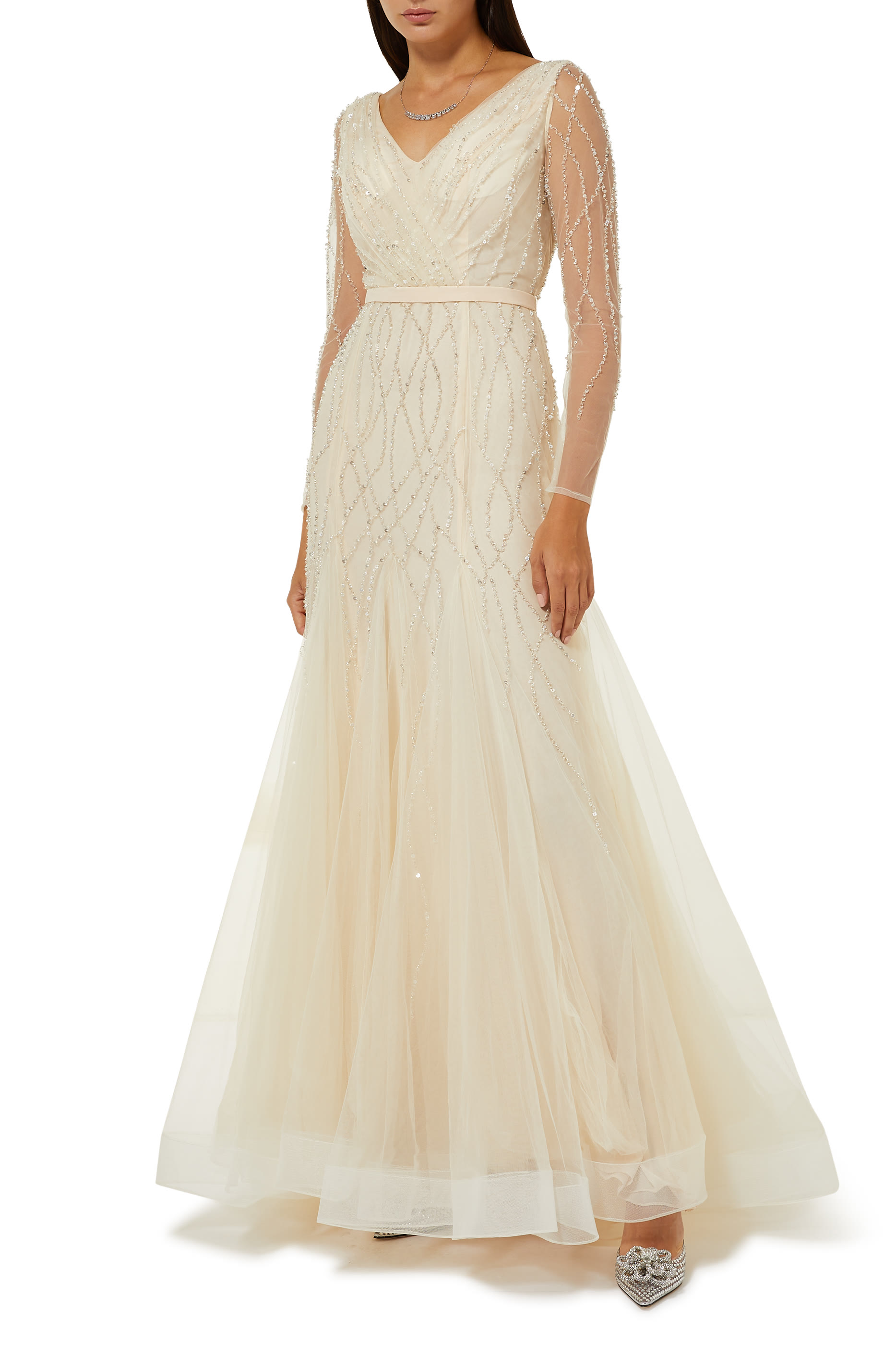 Long Sleeve Embellished Gown