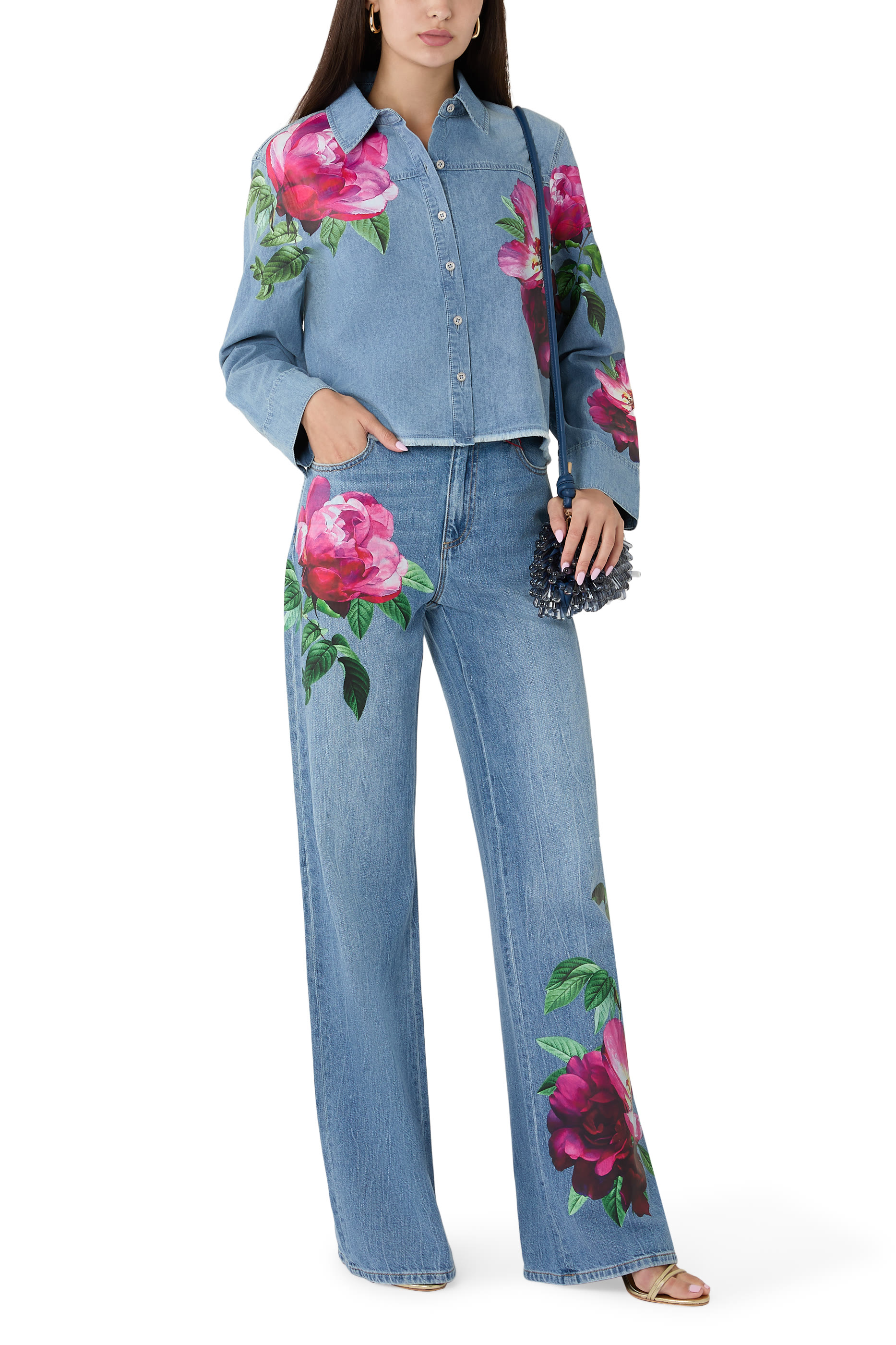 Floral Print Button-Down Cropped Shirt