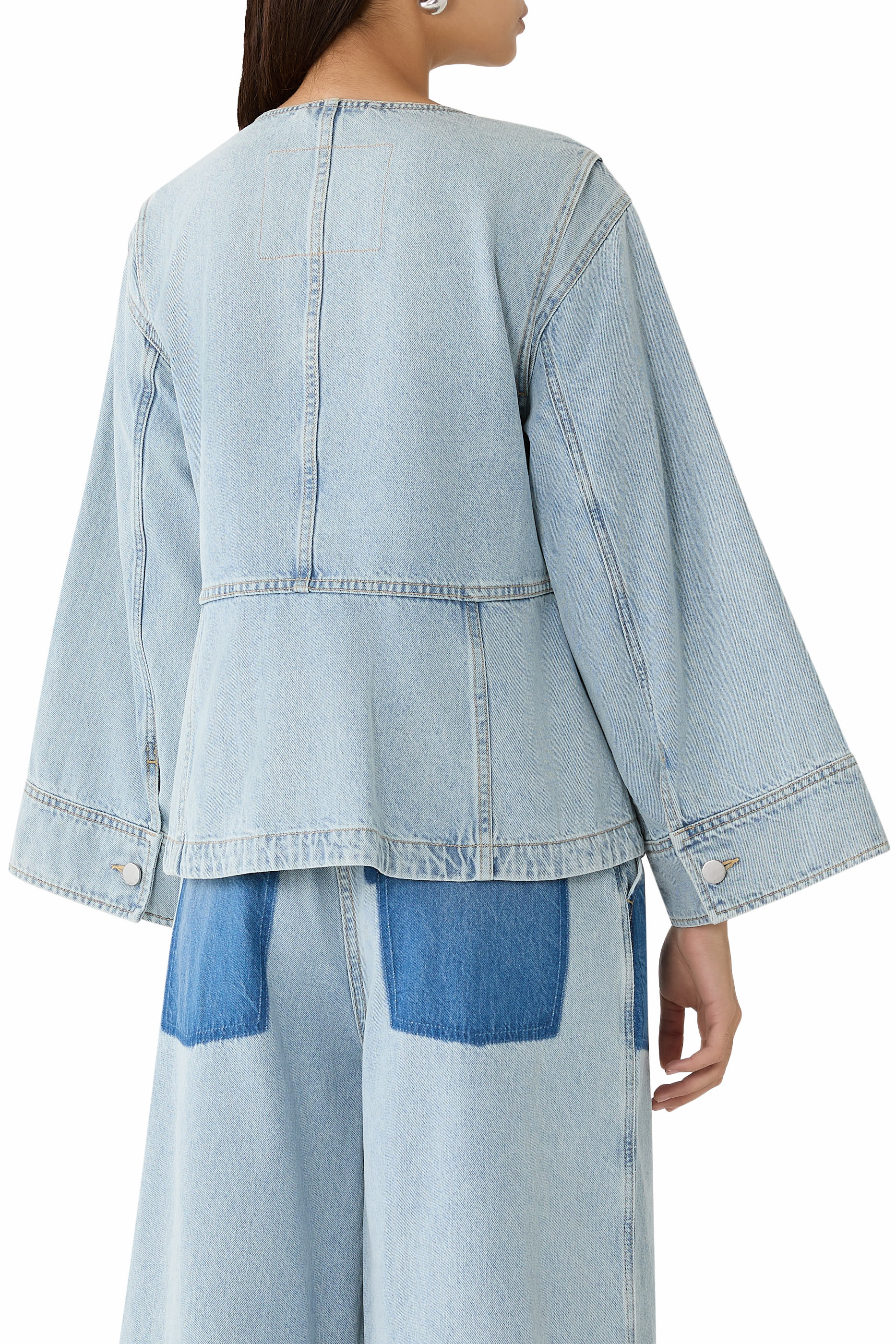 Collarless Trapeze Denim Jacket