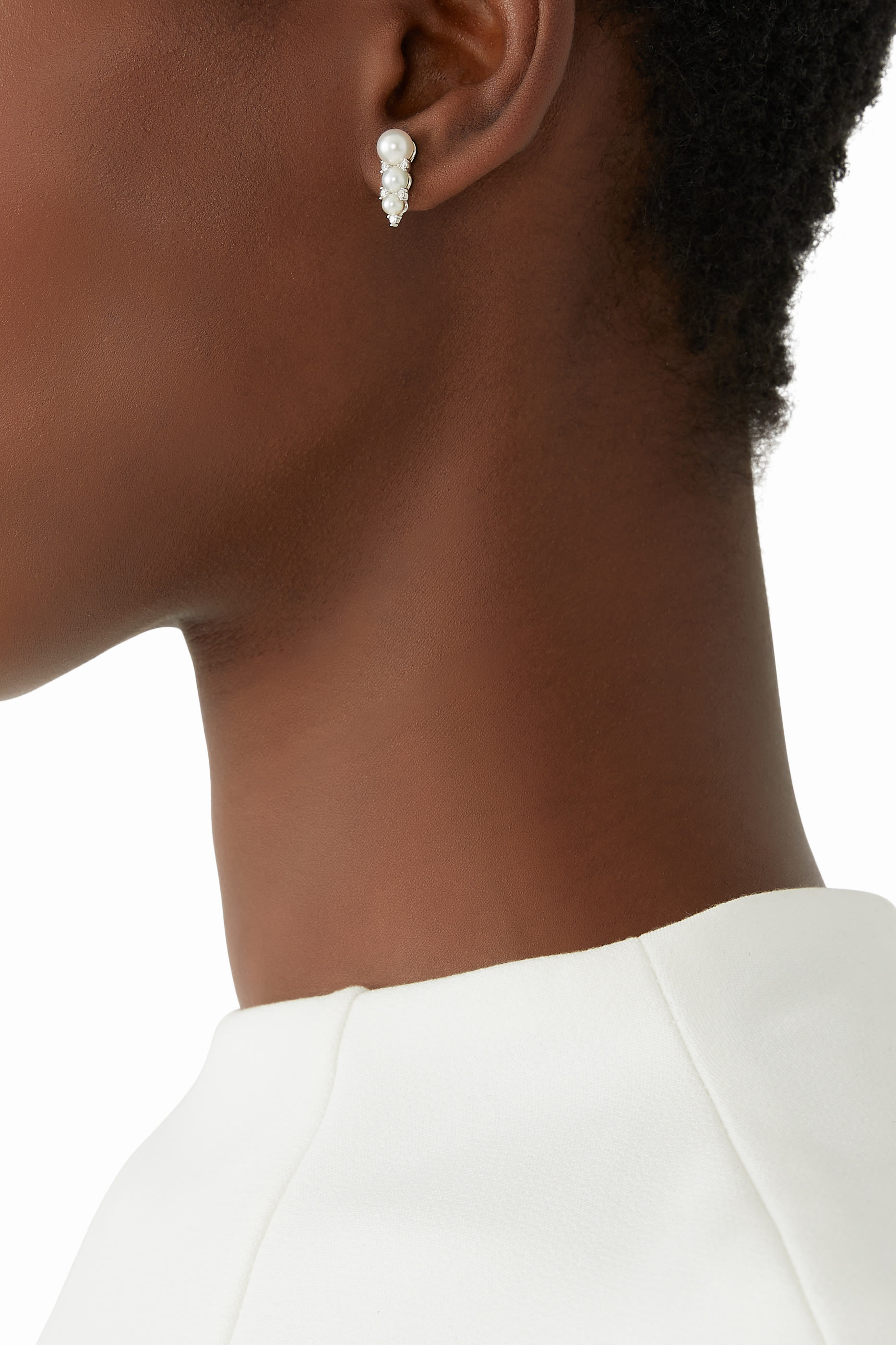 Triple Pearl Stud Earrings, 18k White Gold & Diamonds