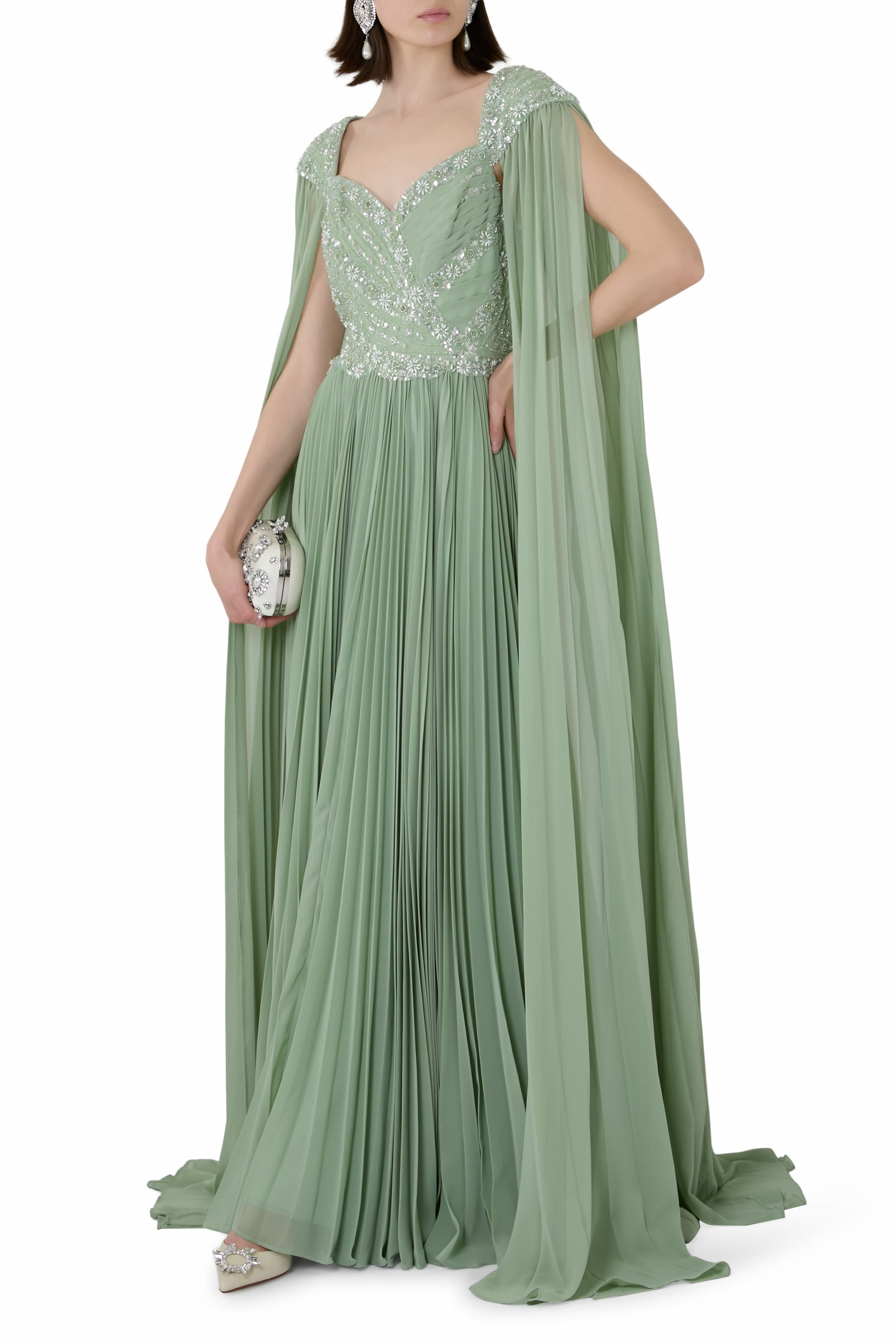 Embellished Chiffon Cape Sleeves A-Line Gown