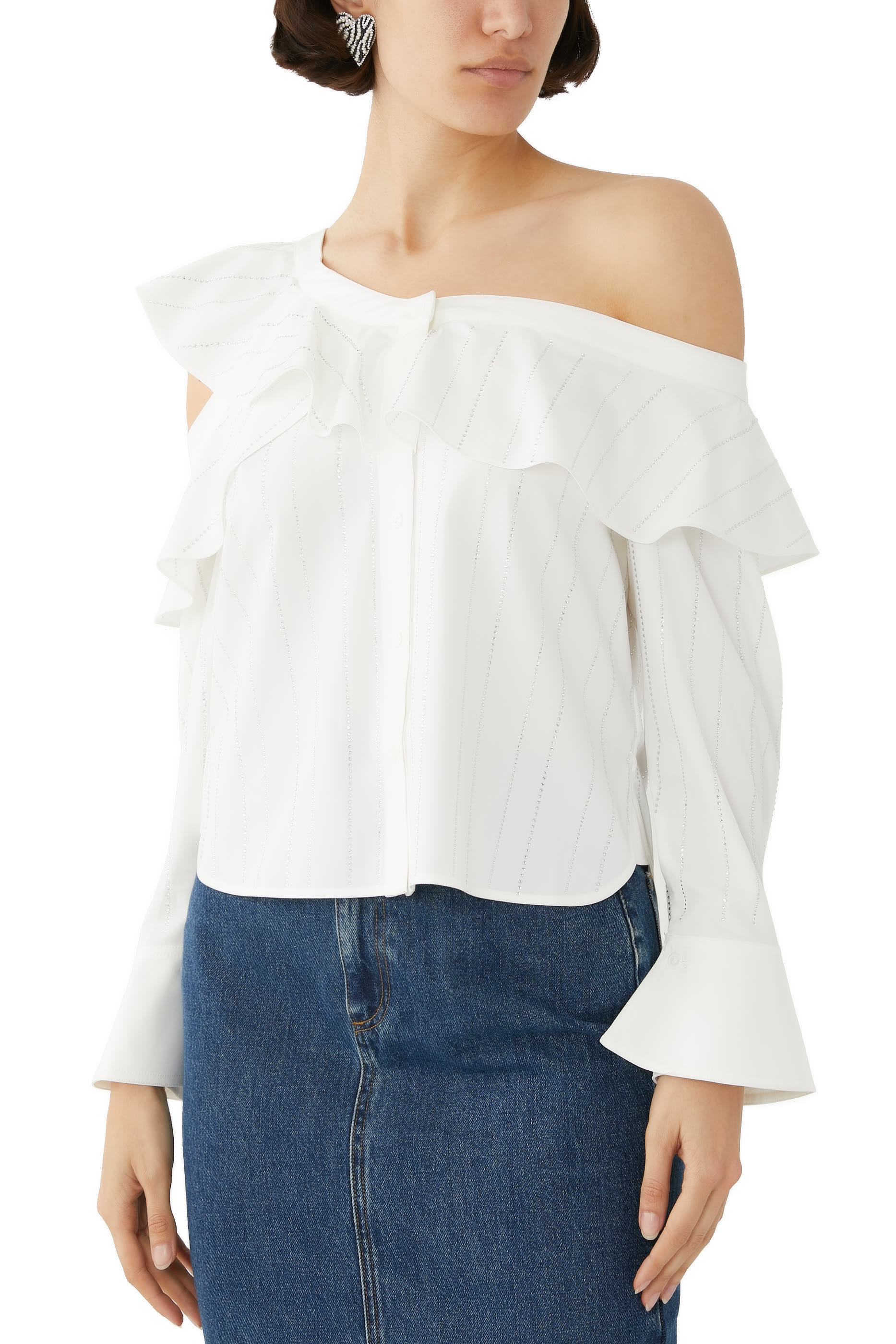 Rhinestone Stripe Ruffle Neckline Top