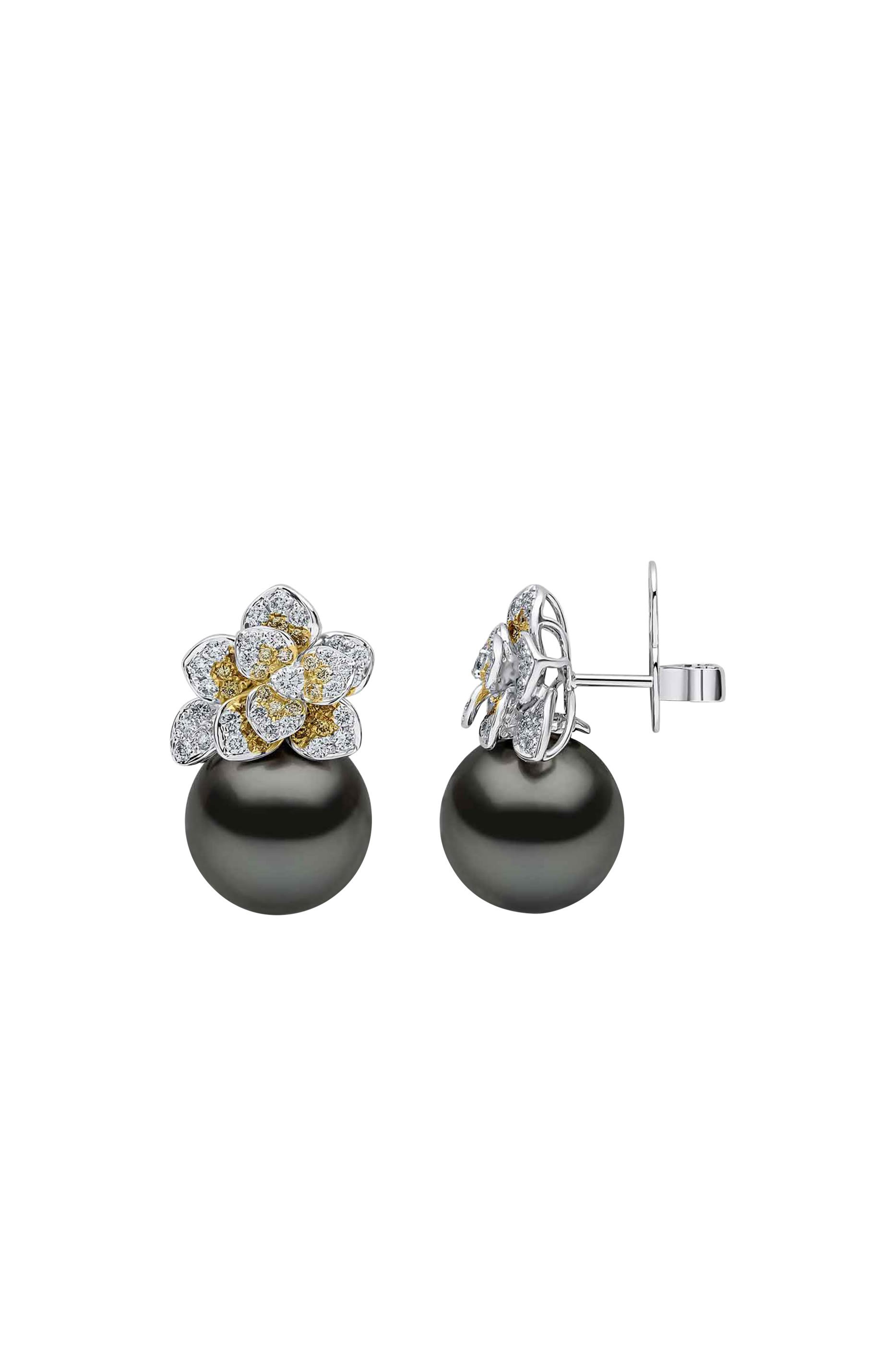 Drop Earrings,  18K White Gold with Tahitian Pearl & Diamonds