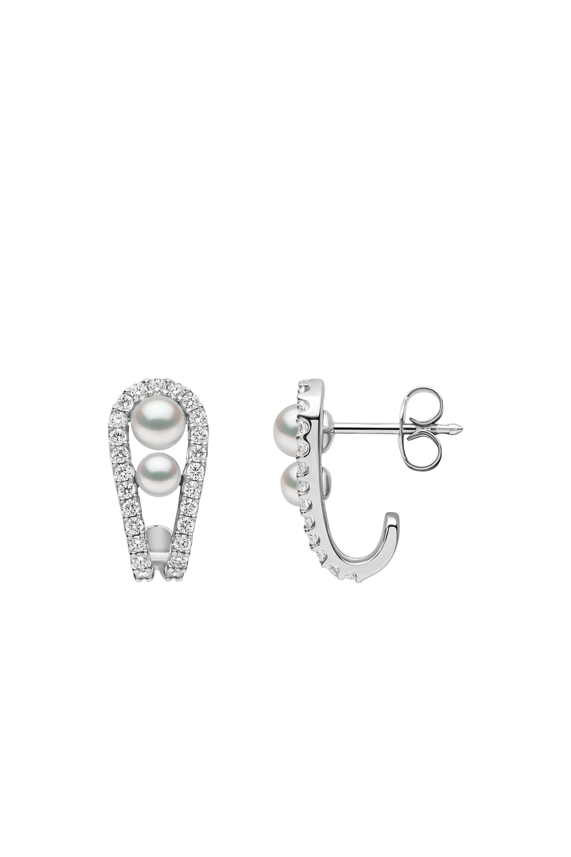 Huggie Earrings, 18K White Gold with Akoya Pearls & Diamonds