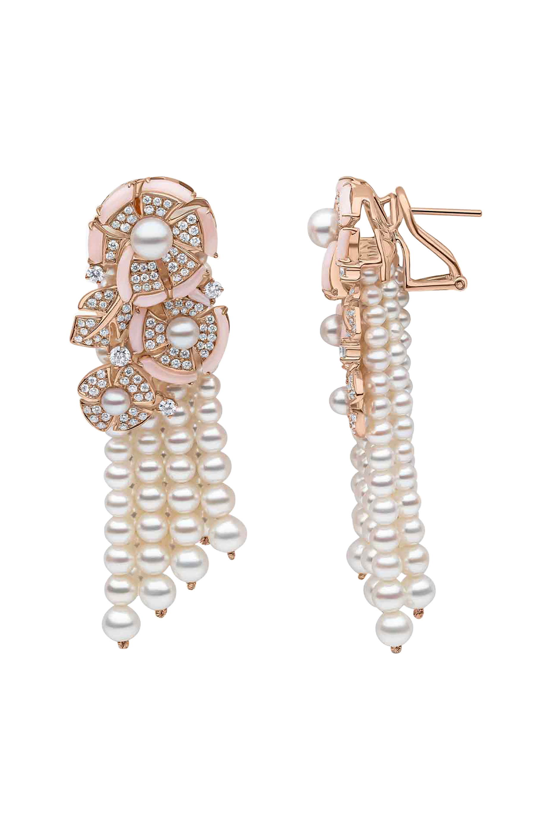 Cleopatra Statement Earrings, 18K Rose Gold with Freshwater Pearls, Pink Opal & Diamonds