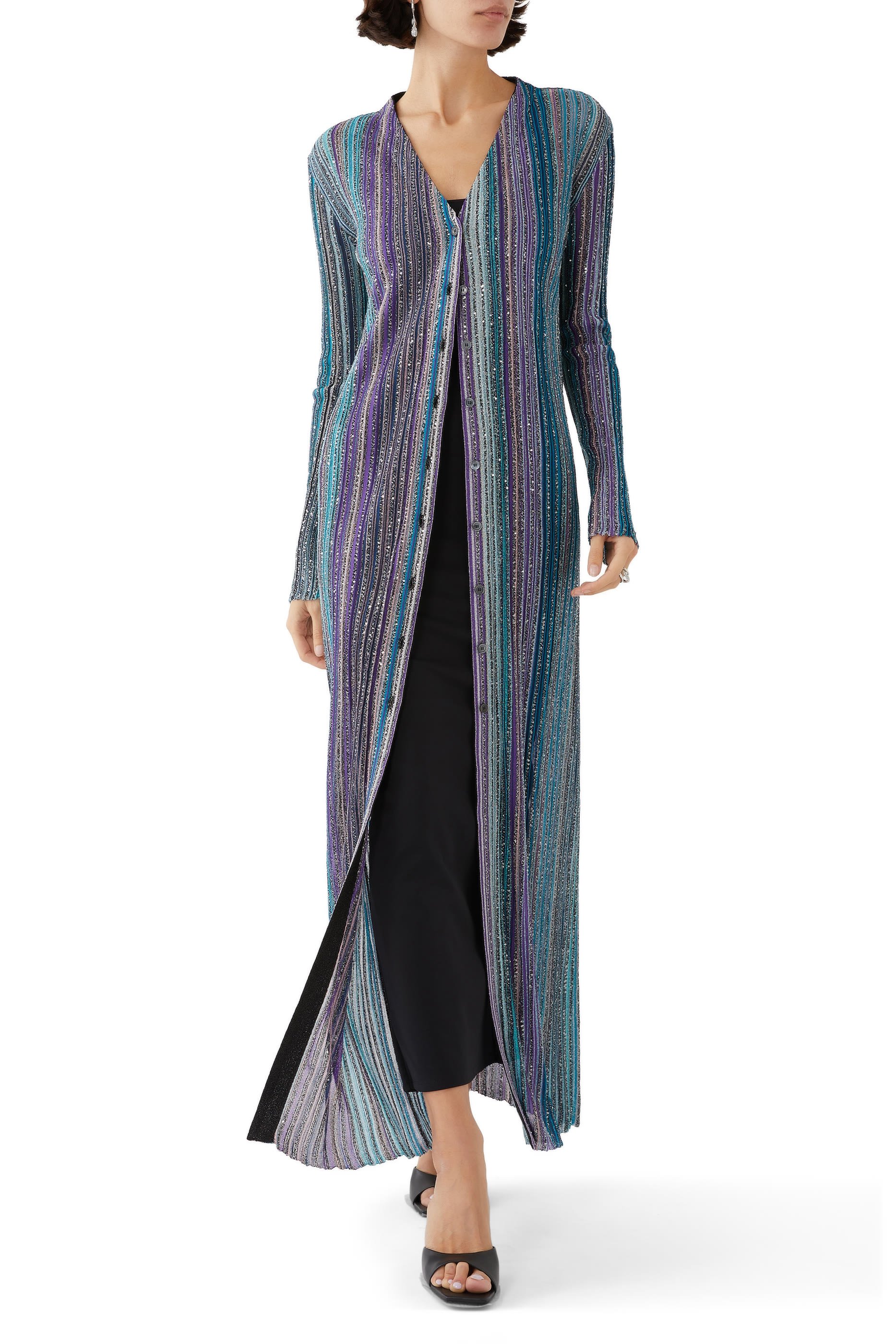 Partialized Sequinned Knit Buttoned Maxi Cardigan 