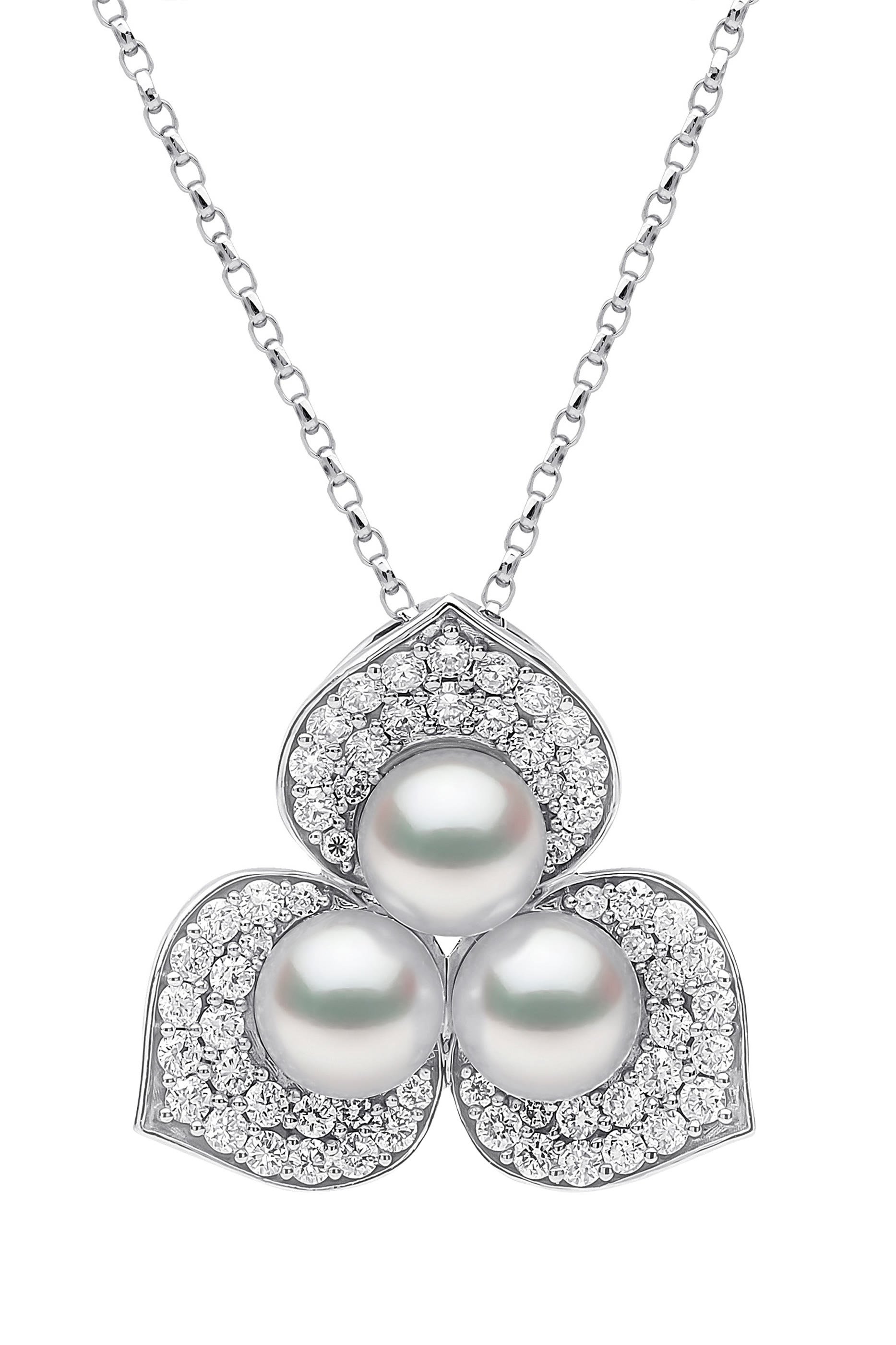 Petal Pendant Necklace, 18k White Gold, Diamond & Pearl