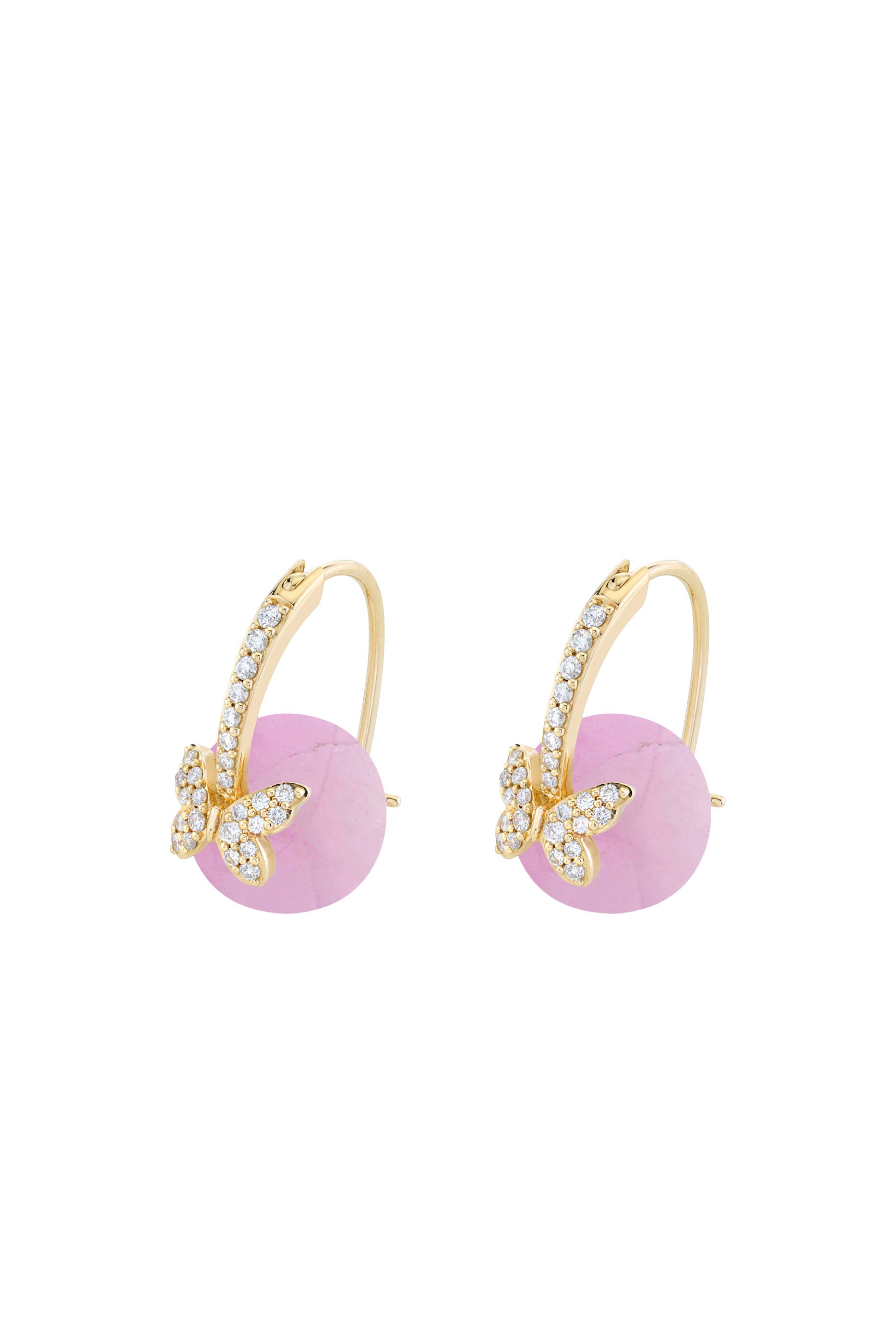 Butterfly Rose Quartz Earrings, 14K Yellow Gold, Diamonds & Rose Quartz