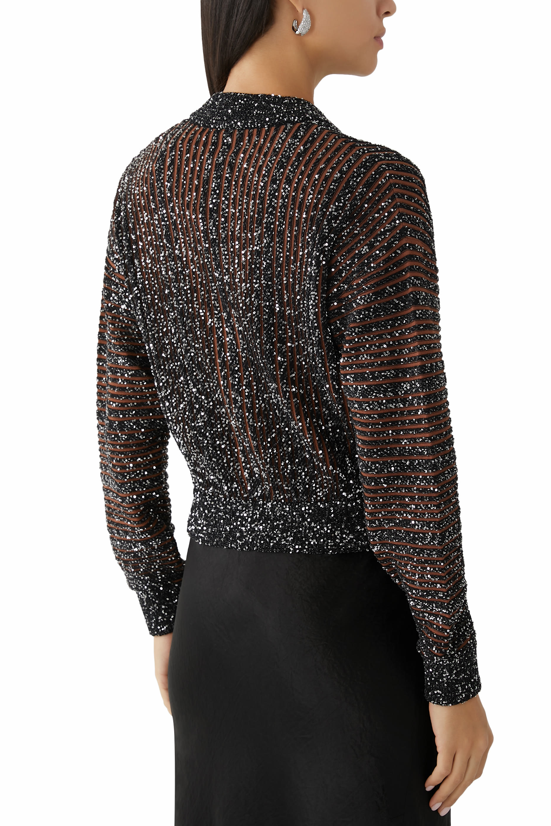 Partialized Knit Sequinned Long Sleeve Buttoned Cardigan