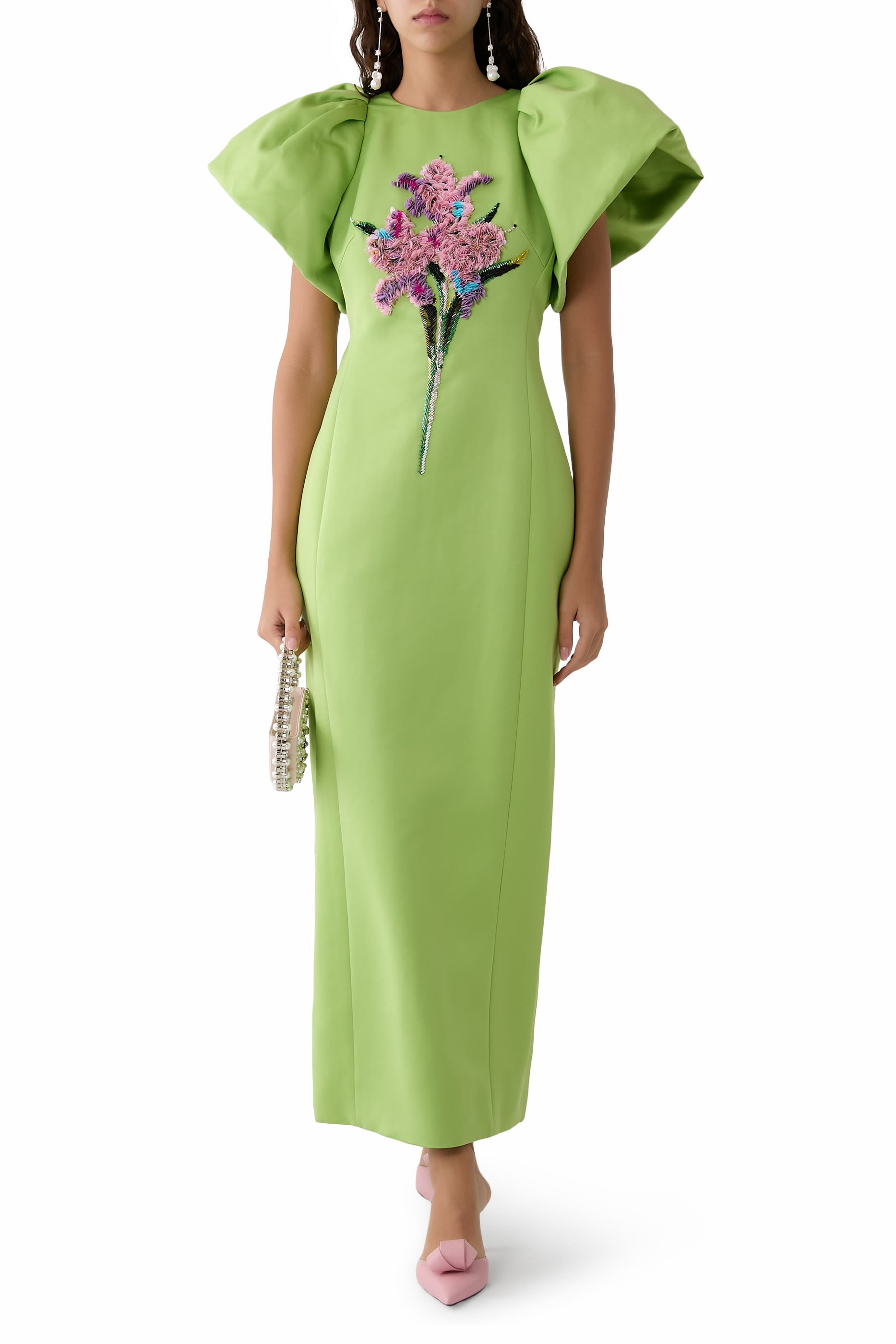 Lucinda Embellished Maxi Dress - Lily Print in Parakeet