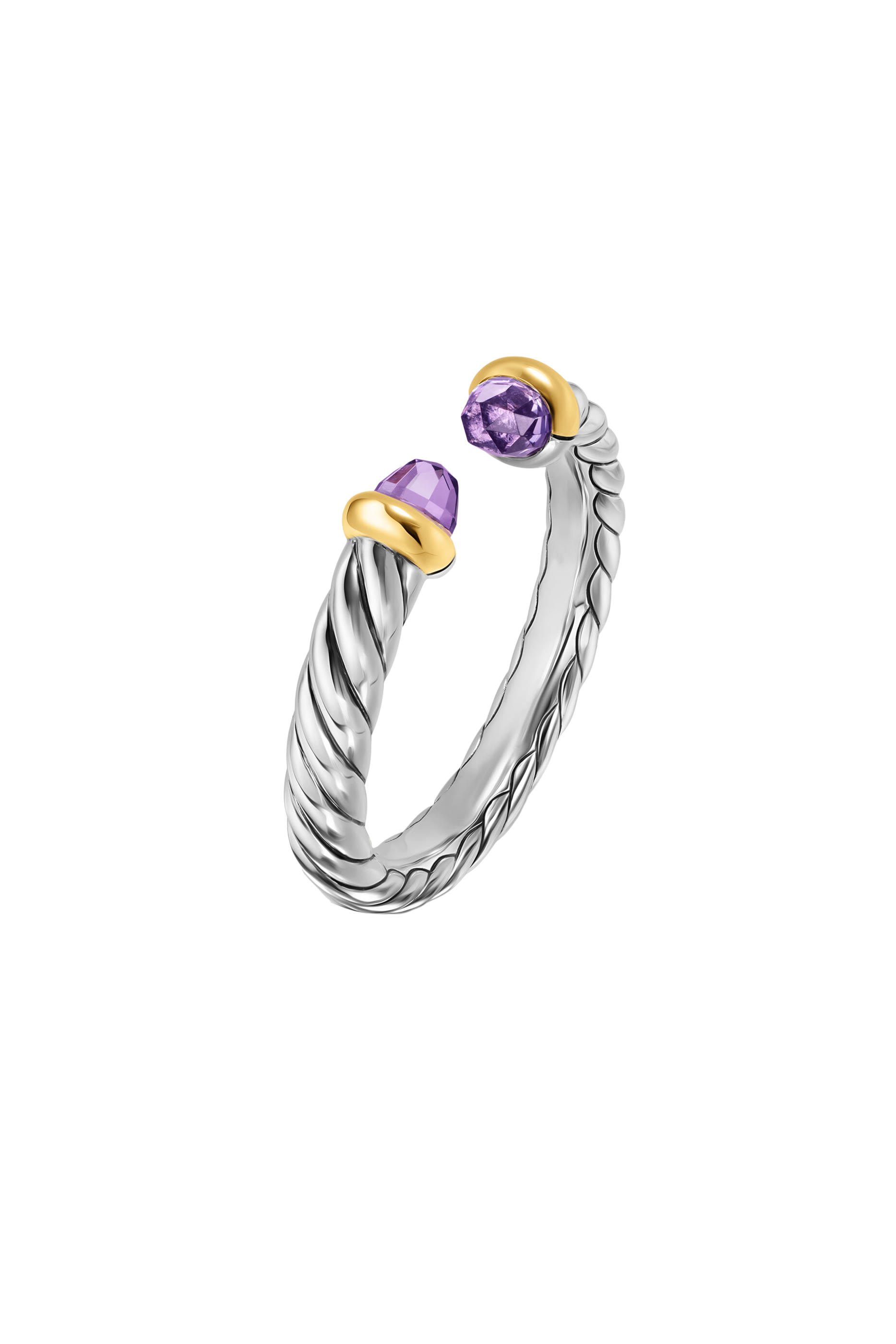 Petite Cable Open Ring, Sterling Silver, 14k Yellow Gold & Amethyst