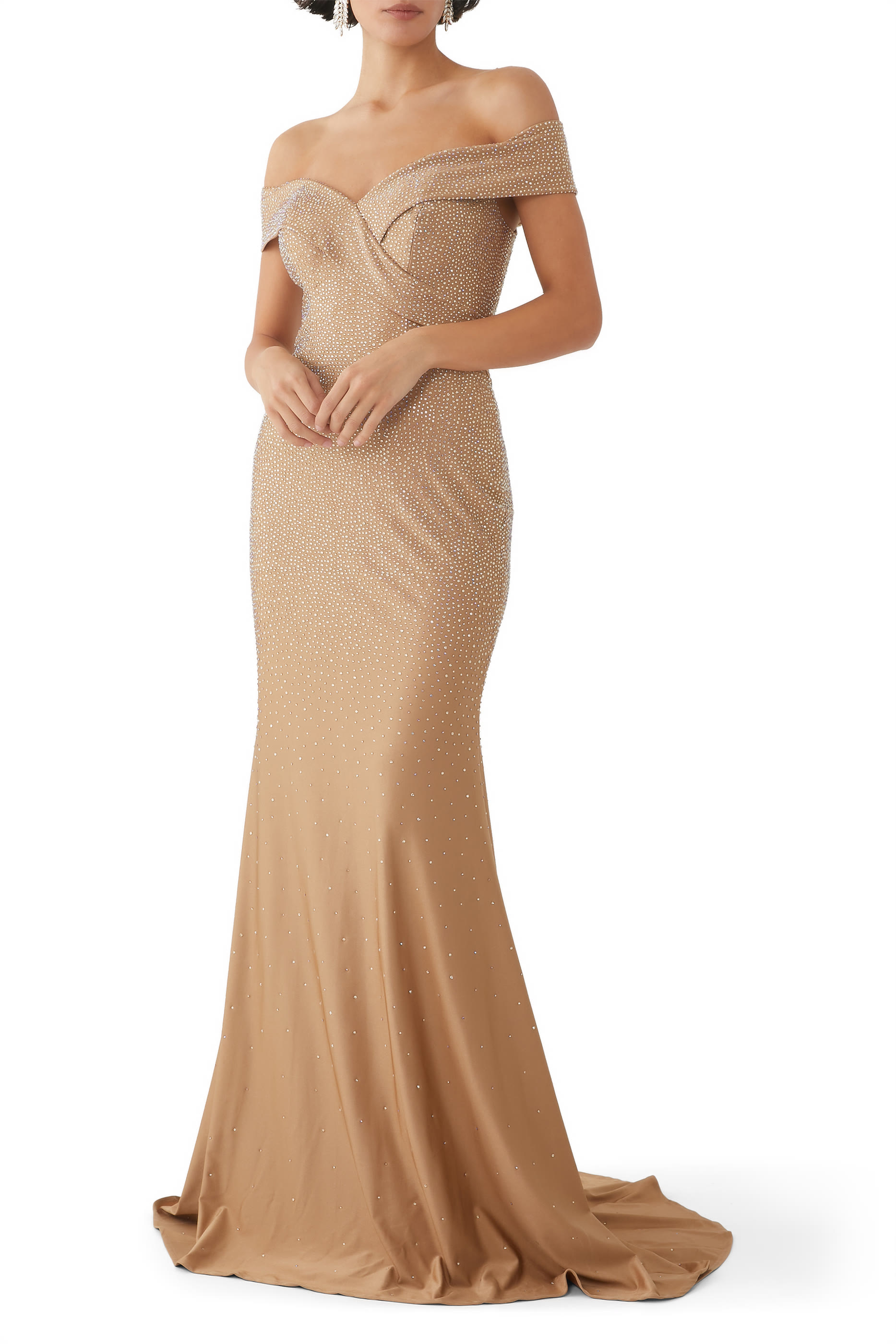 Crystal-Embellished Off-Shoulder Evening Gown