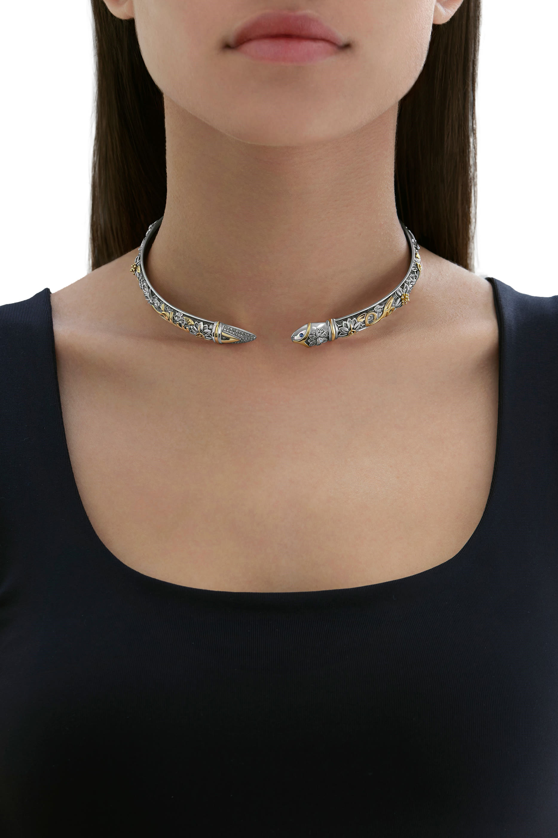 Snake Choker, 18K Yellow Gold, Sterling Silver, Sapphire, Pearl & Diamond