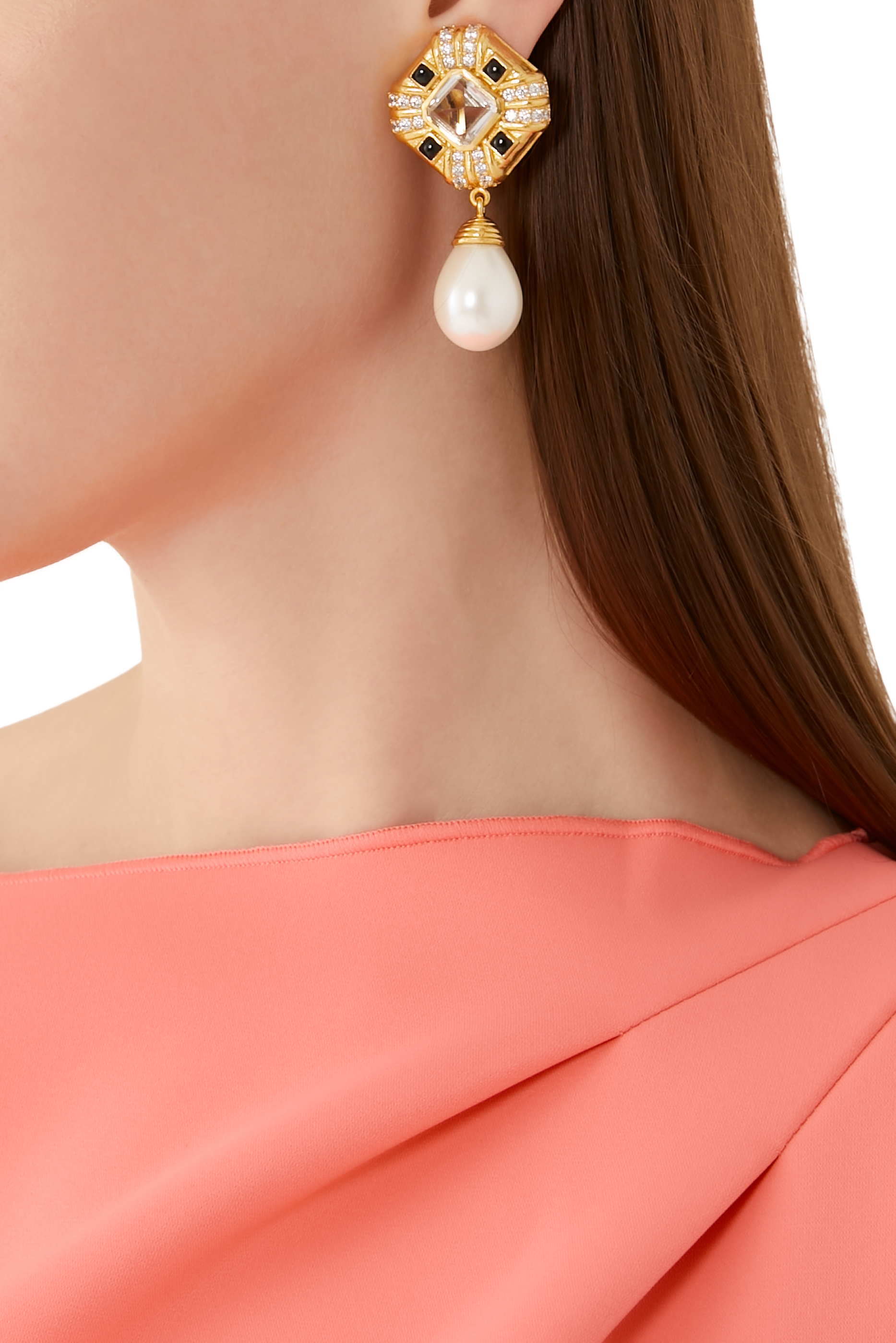 Natalie Pacifique Earrings, 24k Gold Plated Brass & Quartz Crystal & Onyx Stones & Pearl Drop