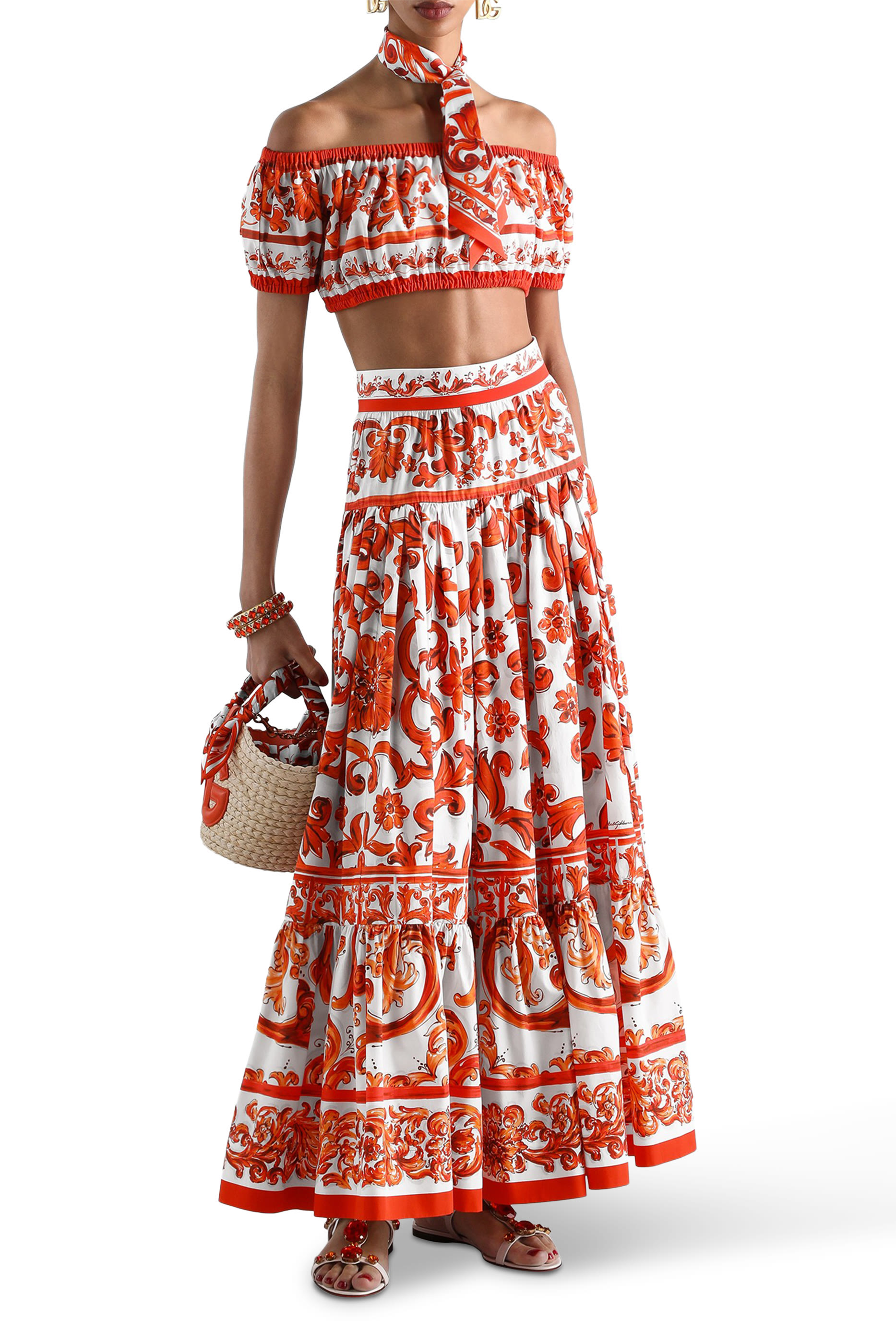 Majolica-Print Poplin Long Skirt