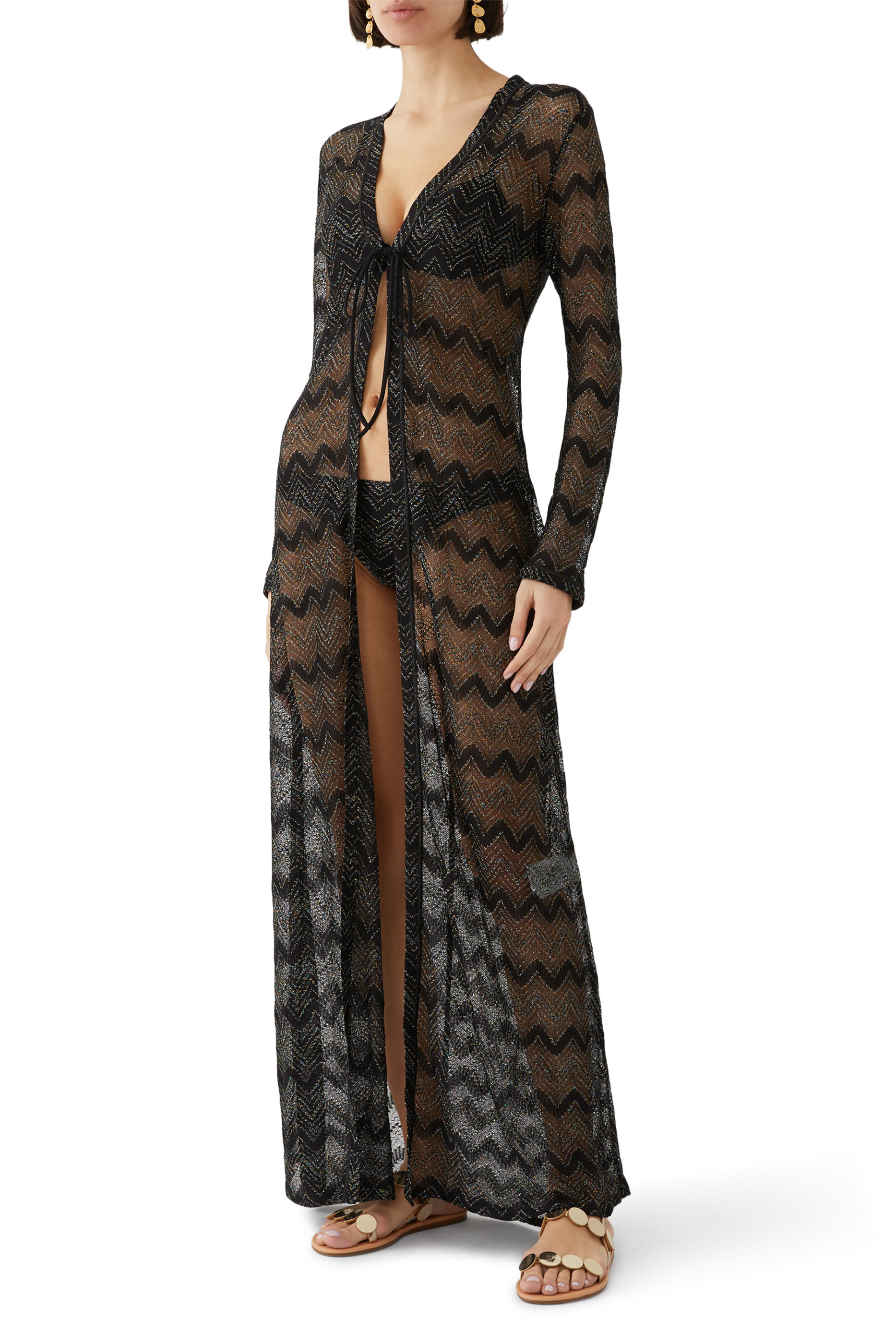 Mare Chevron Lace Raschel Long Sleeve Maxi Coverup