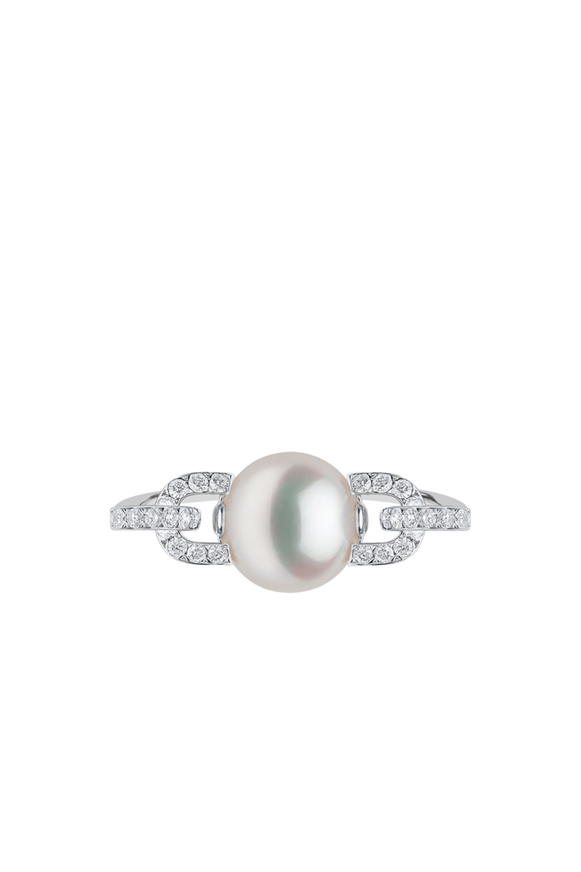  Jazz Link Ring, 18K White Gold with Diamonds & Pearl