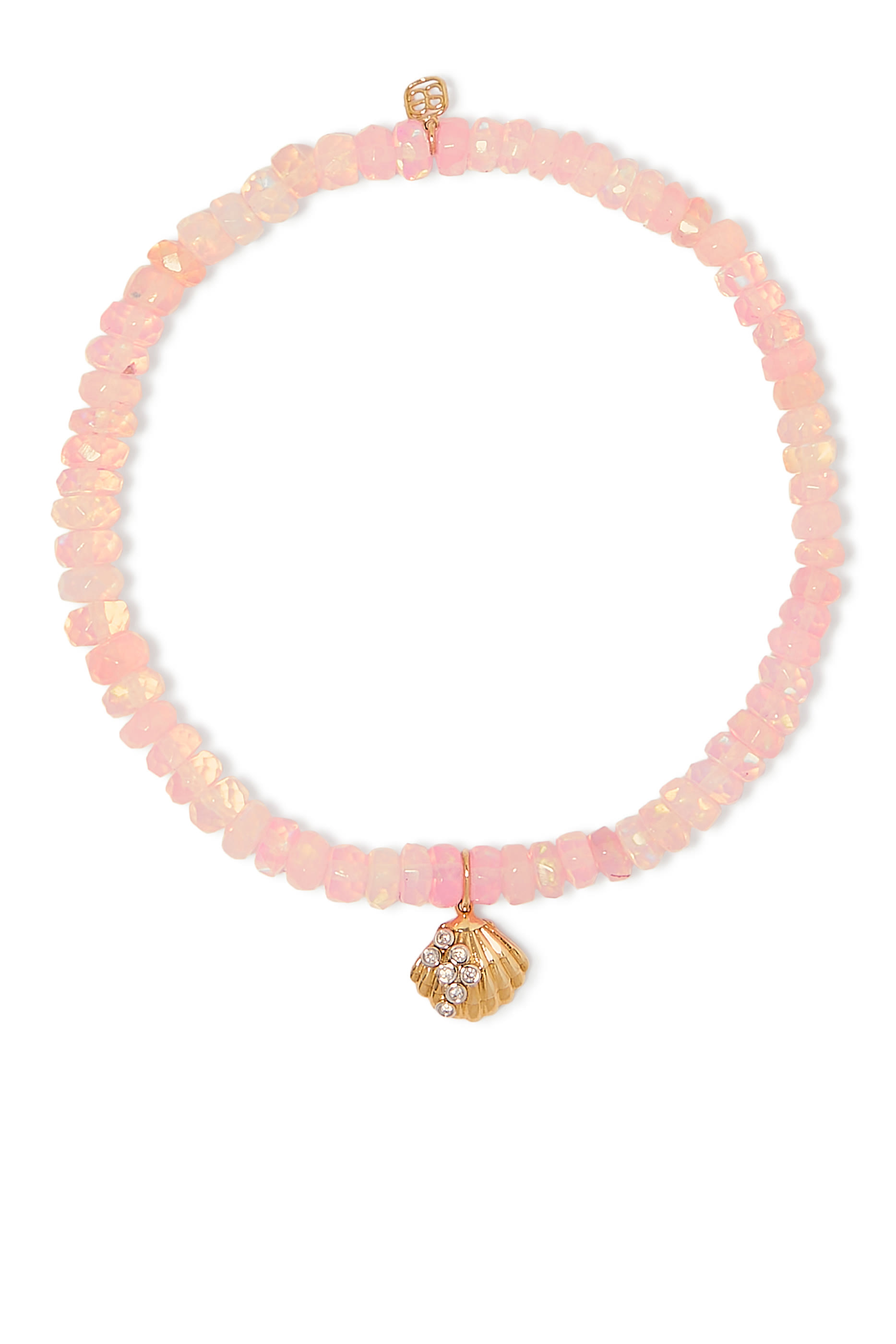 Clam Shell Charm Rondelle Beaded Bracelet, 14k Yellow Gold & Diamonds, Ethiopian Opal