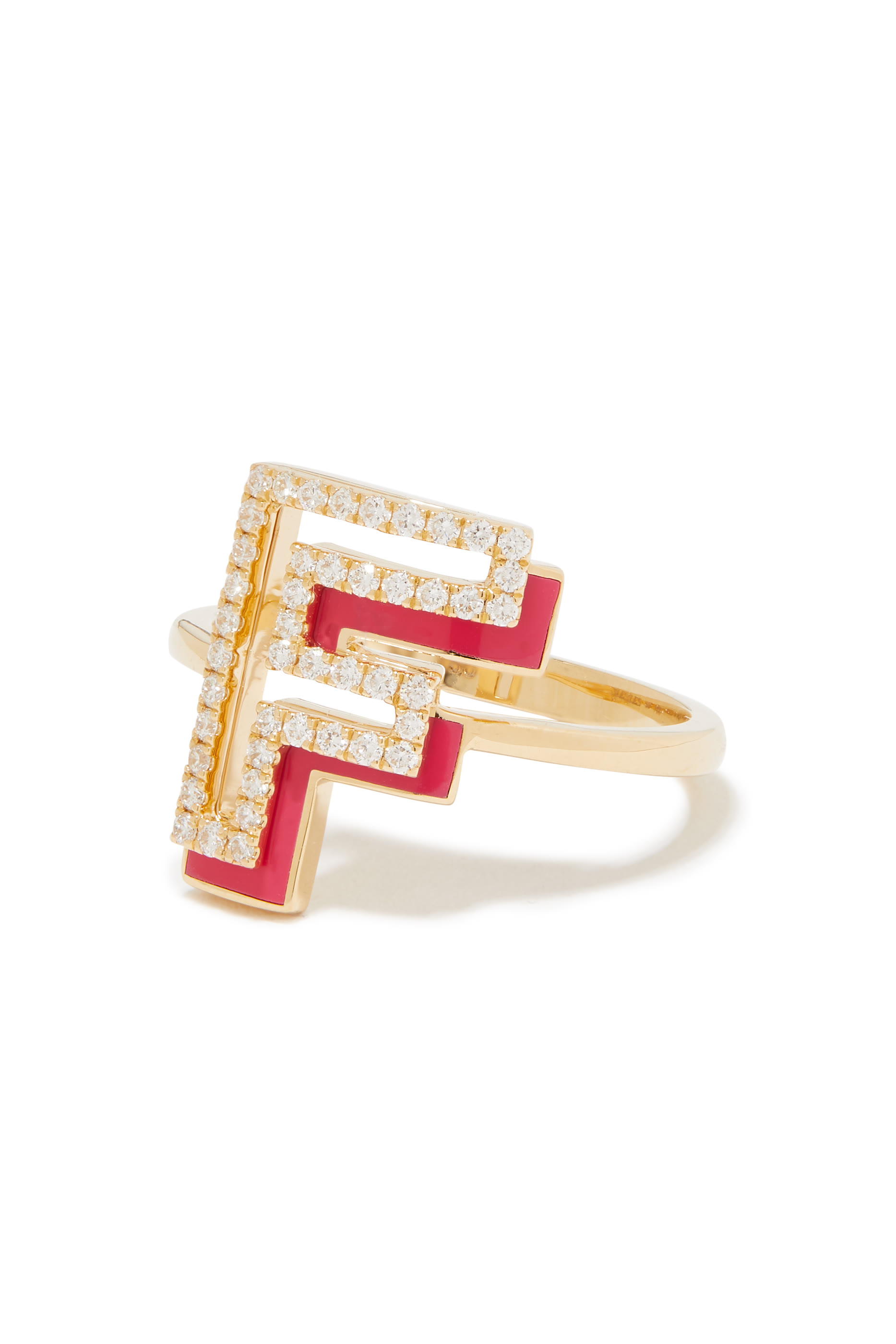 F Silhouette Ring, 18k Yellow Gold with Diamonds & Enamel