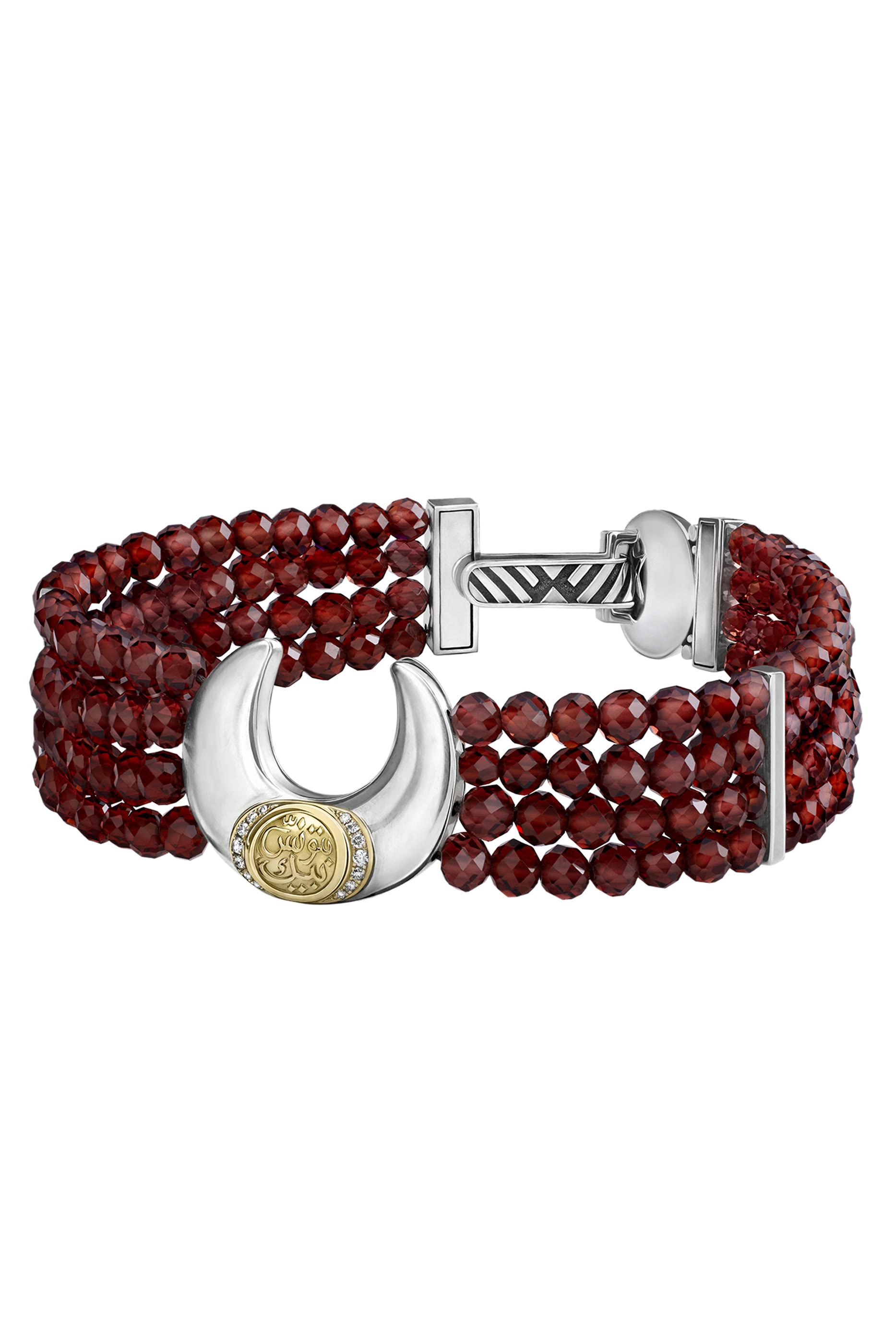 Beaded Crescent Bracelet, 18k Yellow Gold & Sterling Silver with Garnet & Diamonds