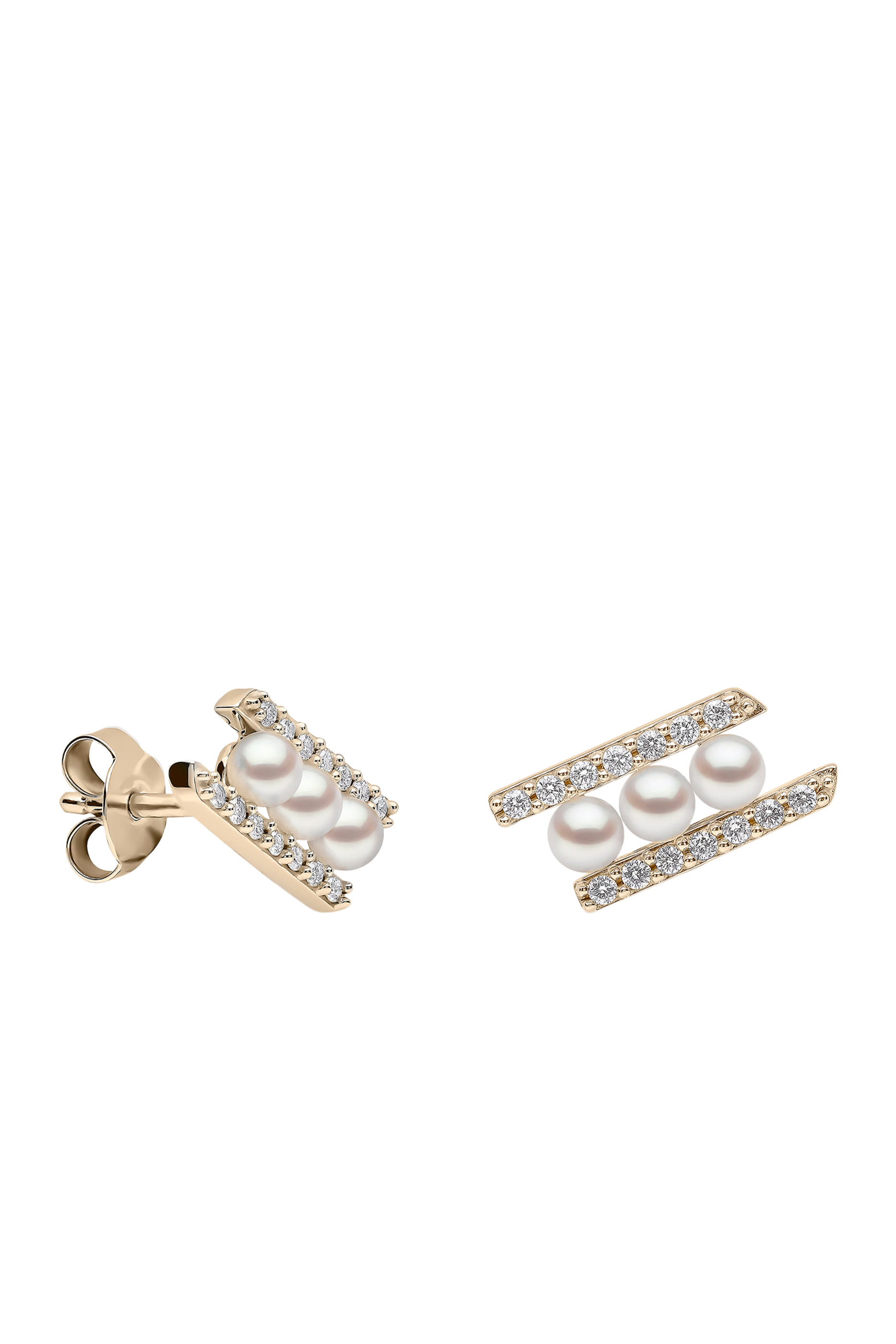 Sleek Bar Stud Earrings, 18k Yellow Gold with Akoya Pearls & Diamonds