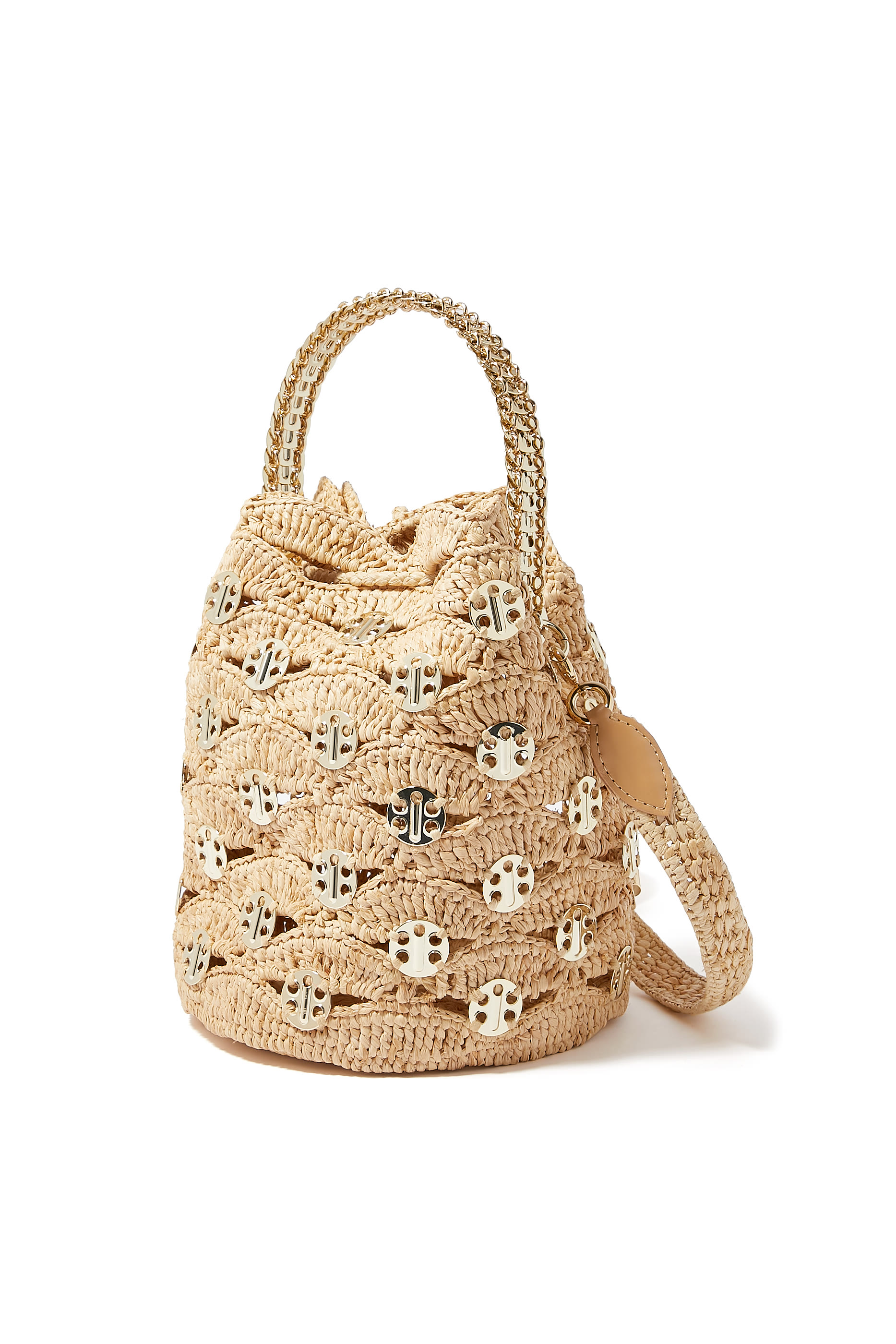 New Raphia Wave Bucket Bag With Signature 1969 Discs