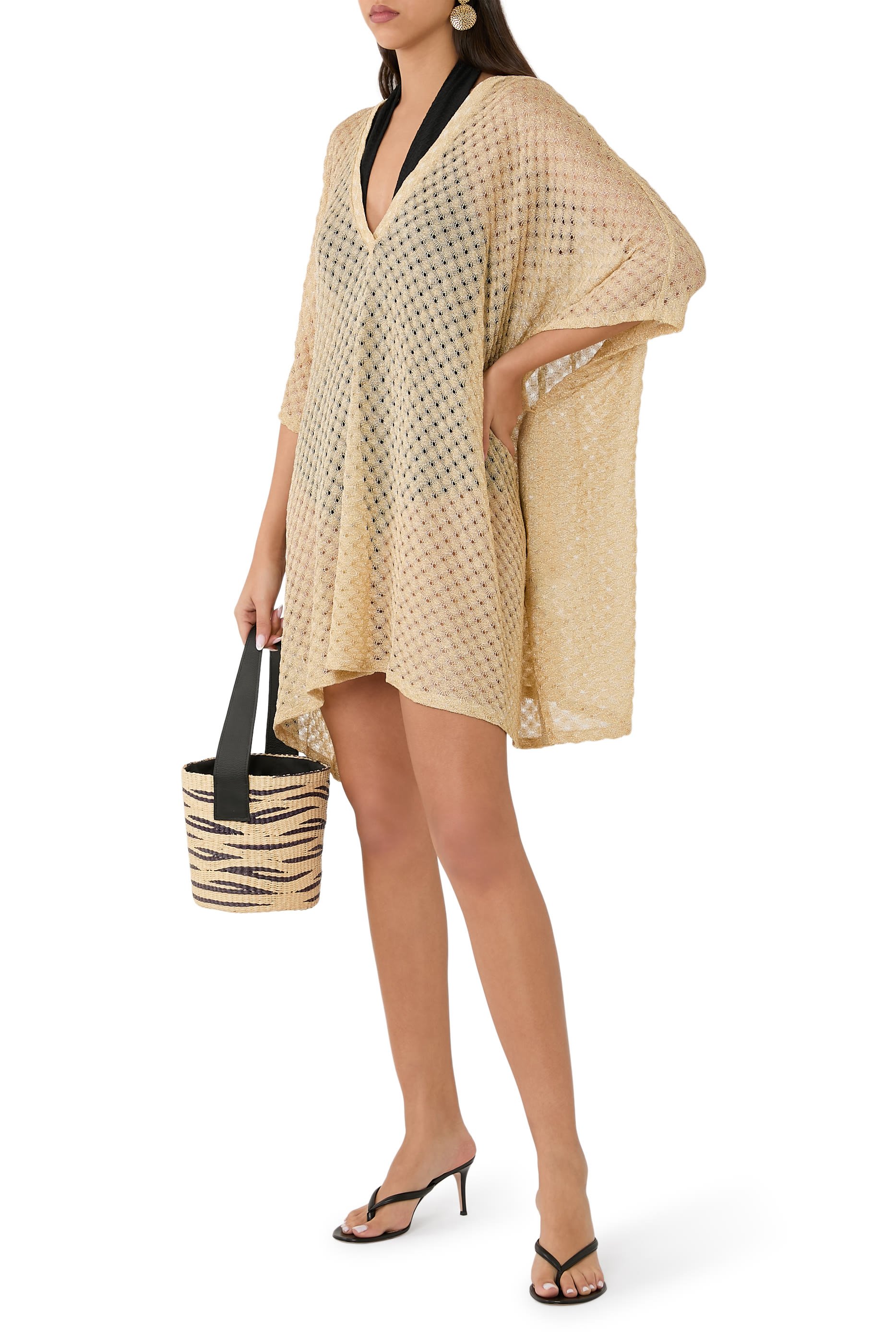 Short Caftan Cover-Up in Lamé Viscose with Raschel Workmanship
