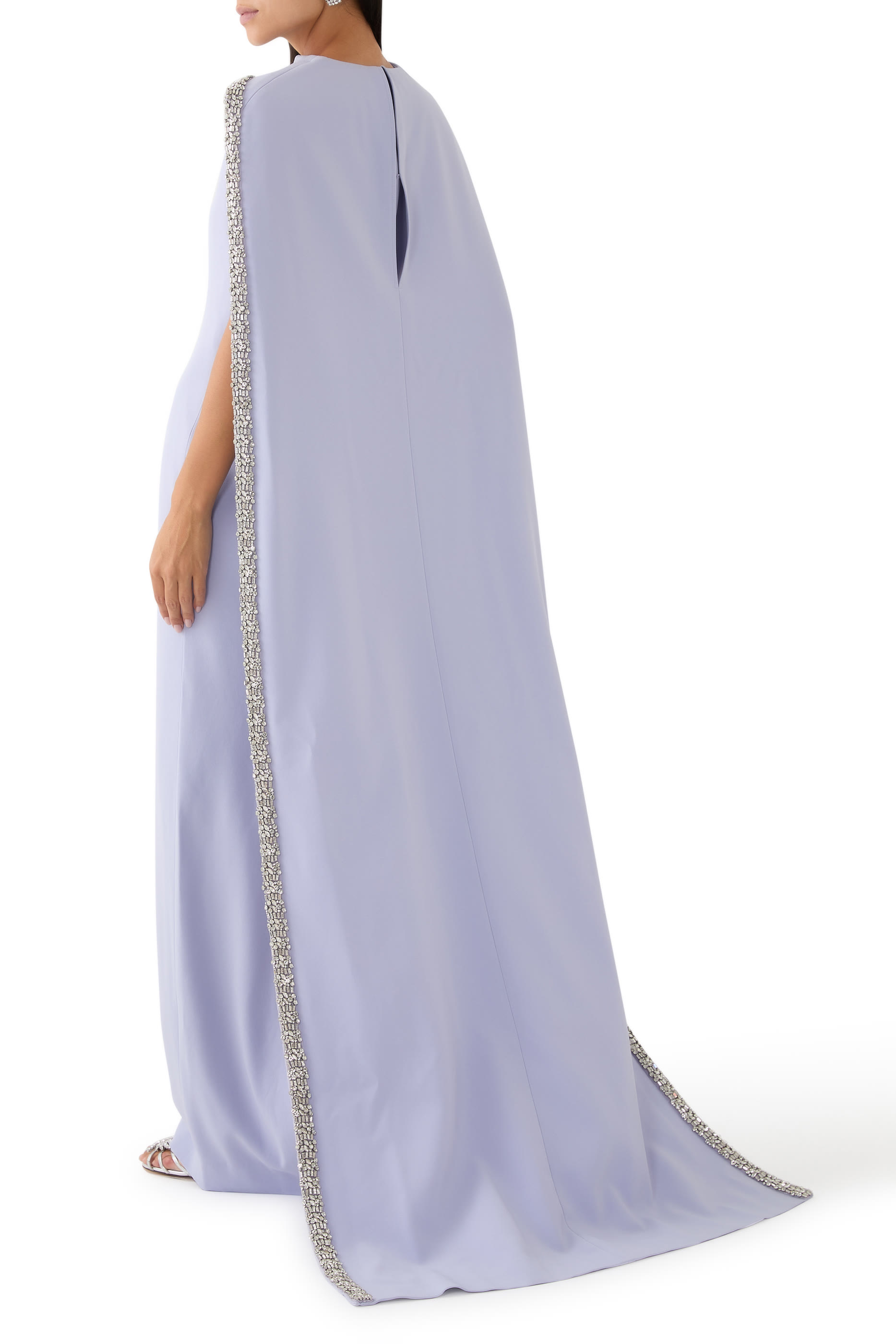 Embellished Cape Satin Crepe Gown