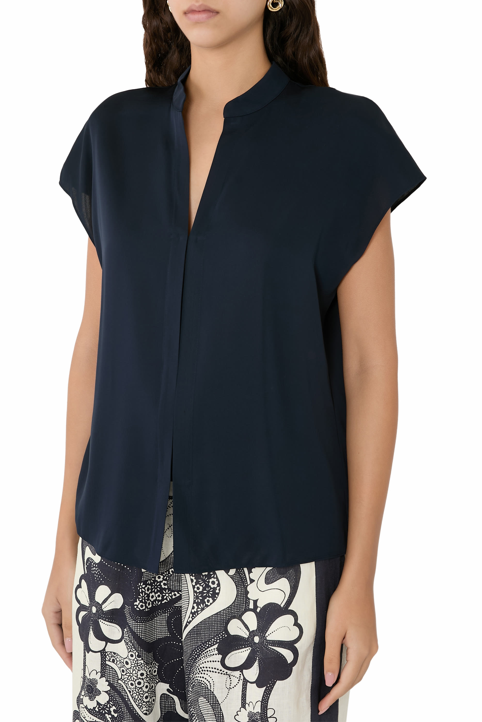 Contrast-Placket Stretch-Silk Cap-Sleeve Blouse