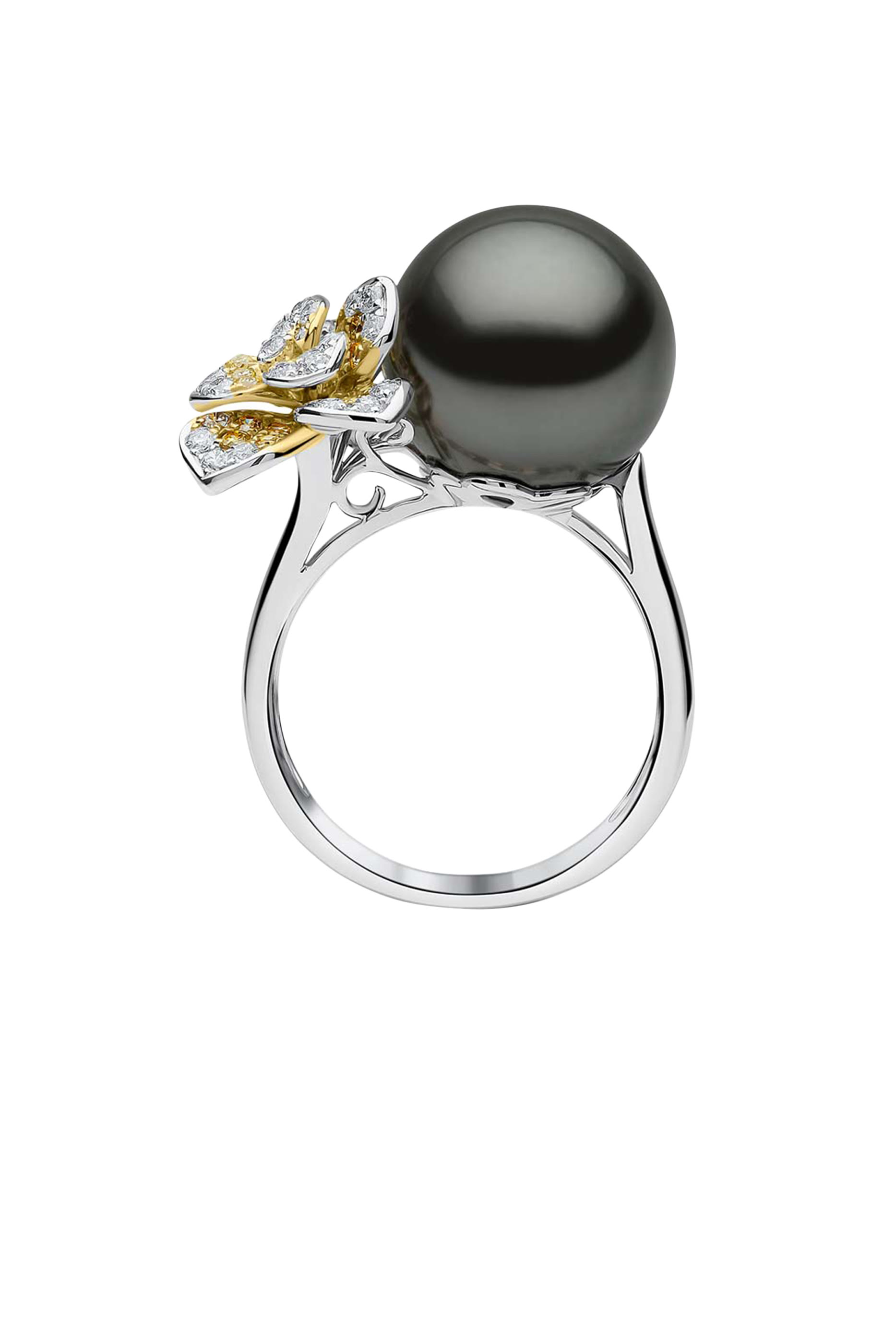  Flower Motif Ring, 18K White Gold with Tahitian Pearl & Diamonds