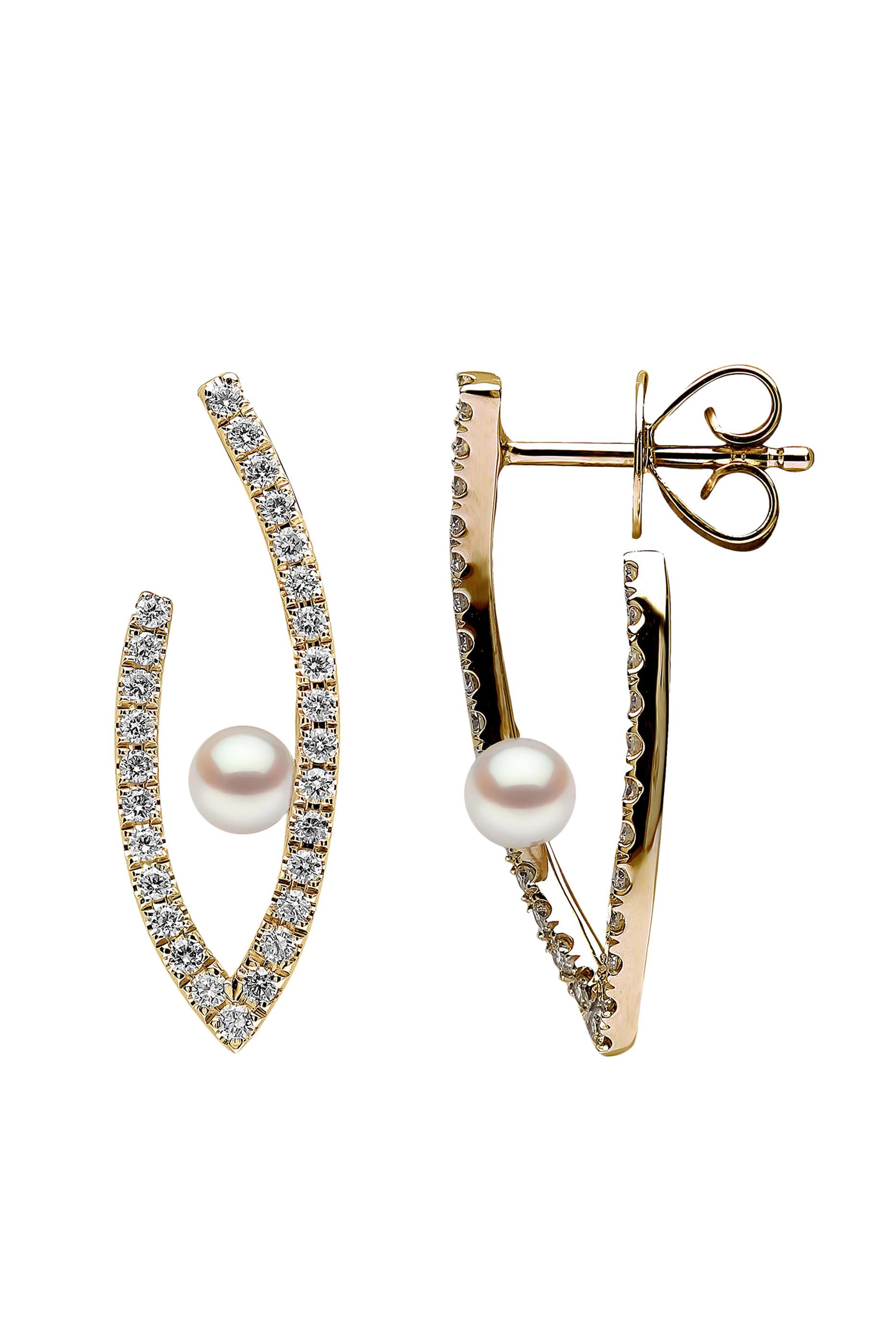 Sleek Oval Earrings, 18k Yellow Gold with Akoya Pearls & Diamonds