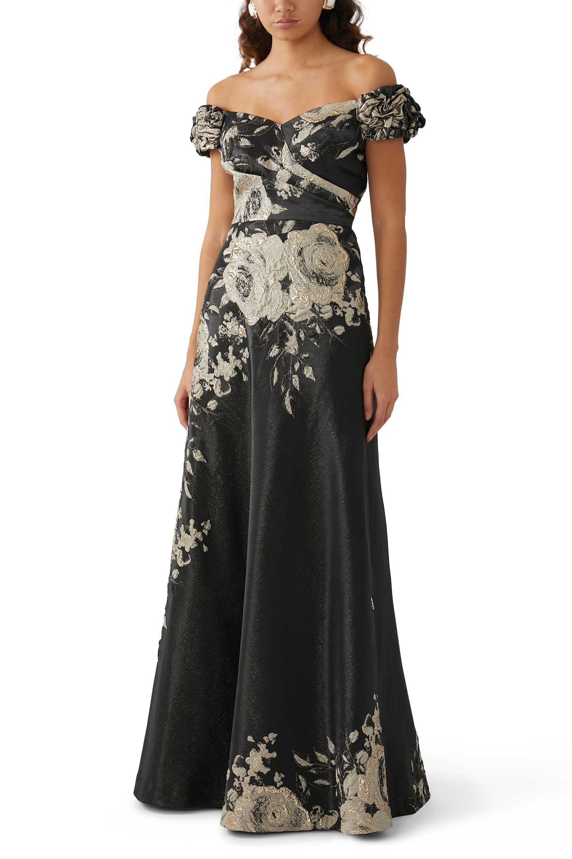 Formal Metallic Jacquard Floral Evening Gown