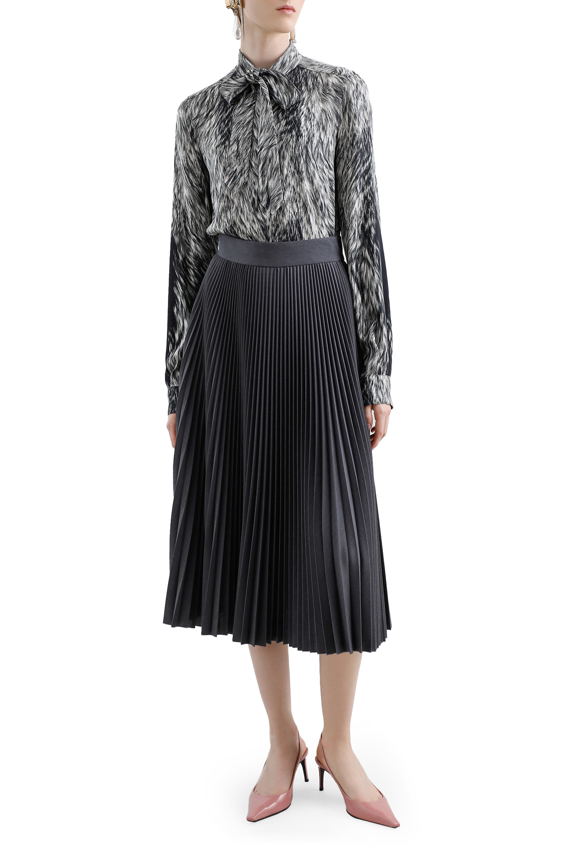 Pleated Woolen Calf-Length Skirt