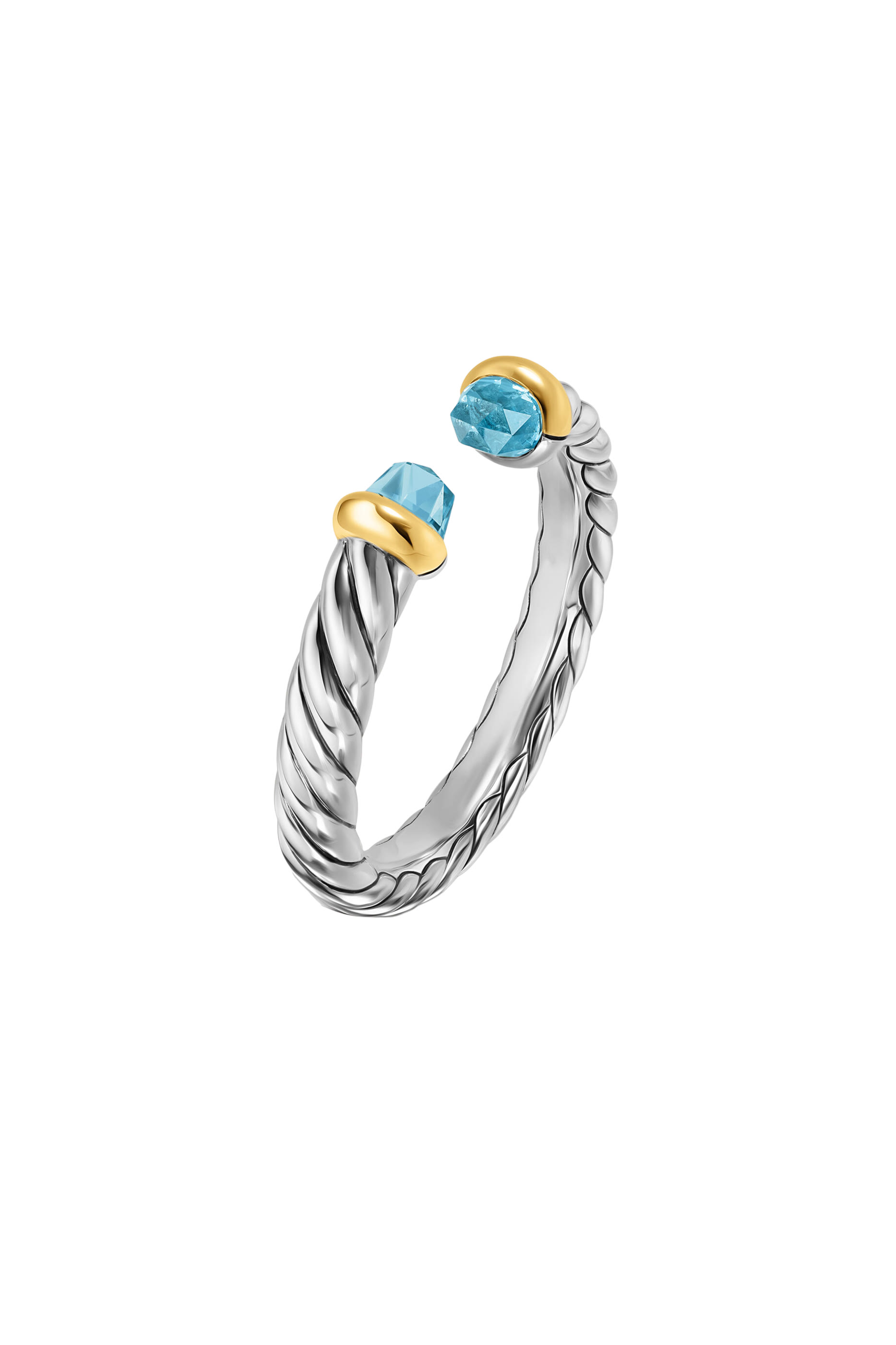 Petite Cable Open Ring, Sterling Silver with 14K Yellow Gold & Blue Topaz