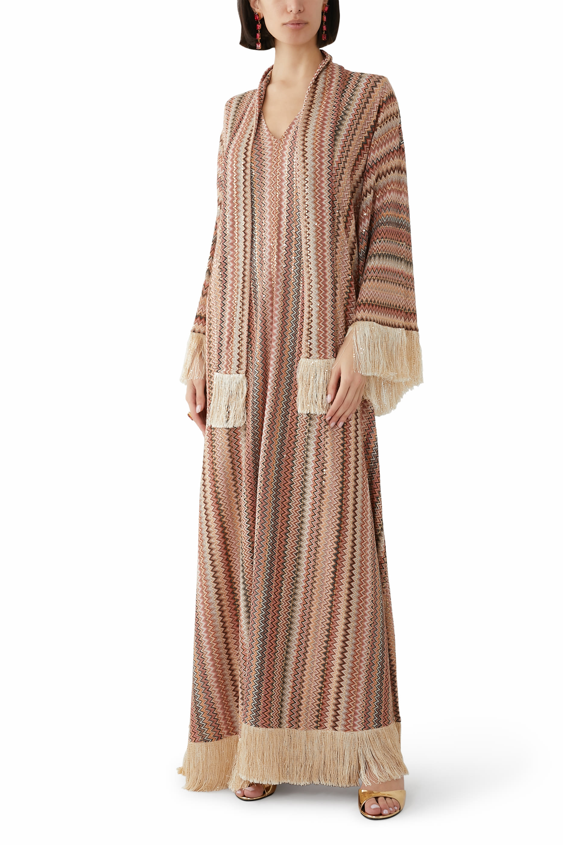 Exclusive Chevron Raschel Sequinned Fringed Scarf Maxi Kaftan