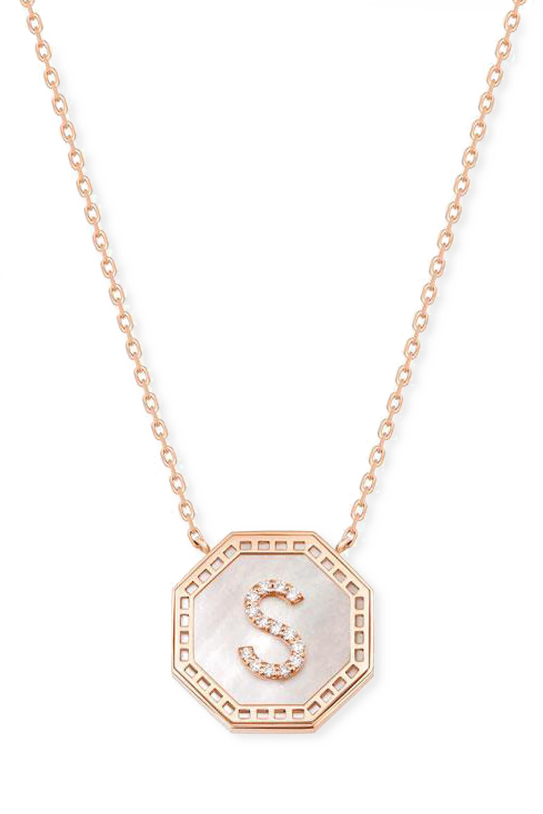 Harf Turath Letter S Pendant Necklace, 18k Rose Gold, Diamonds & Mother of Pearl