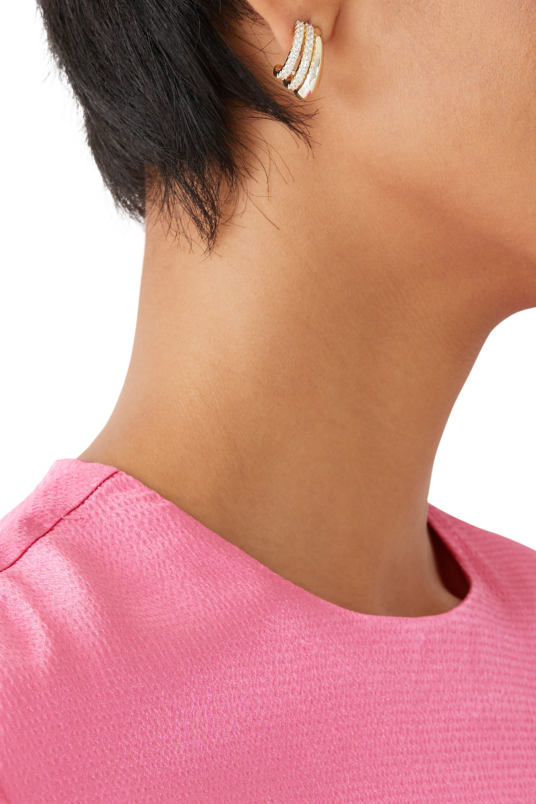 Triple Half Mixed Hoop Earrings, Gold-Plated Brass & Cubic Zirconia